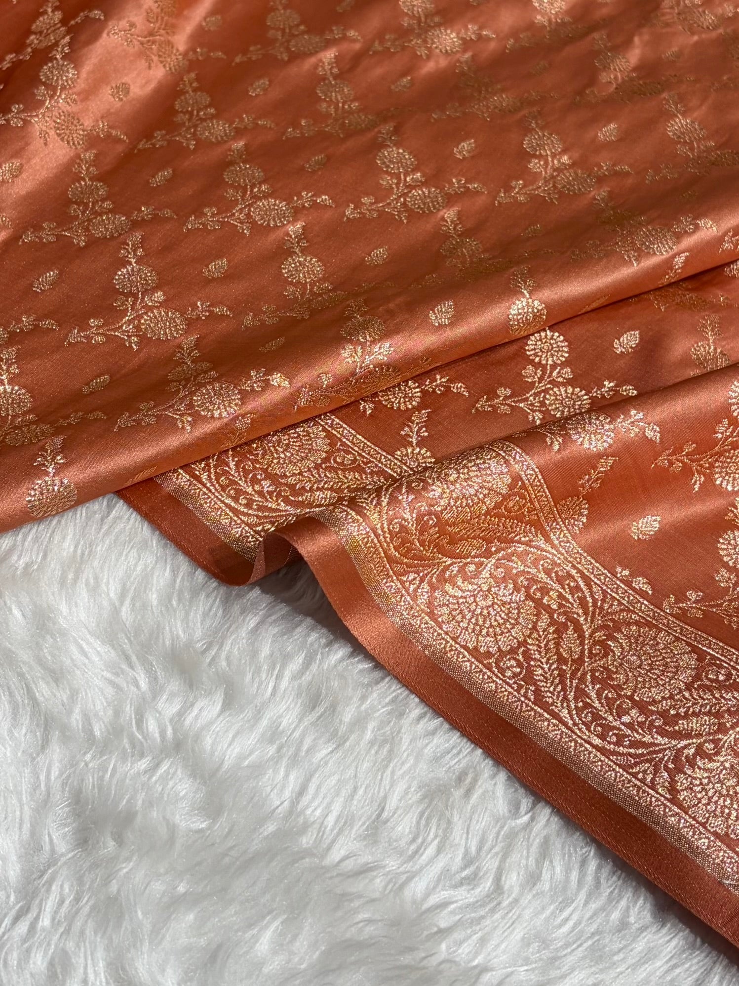 Banarasi Satin Katan Saree Jaal Pattern In Pastel Rust Shades SK133