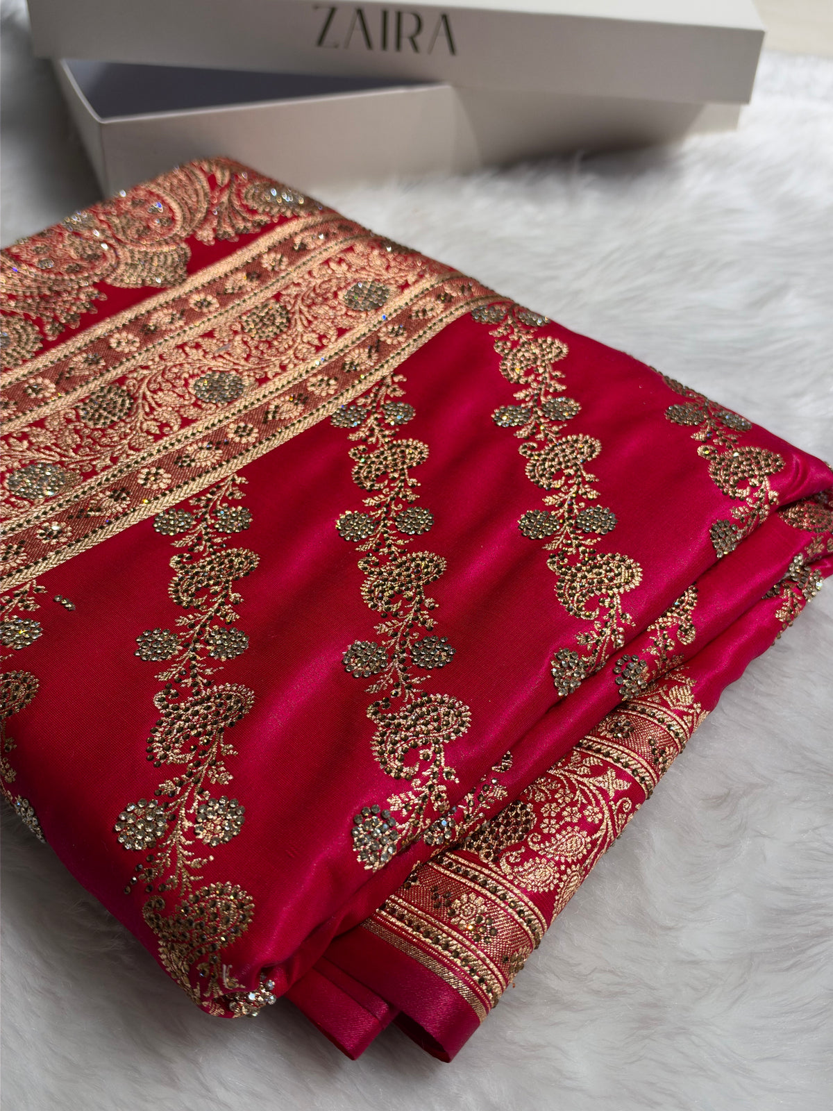 Rani Shades Swarovski Work Cross Pattern Satin Silk Saree BSS51