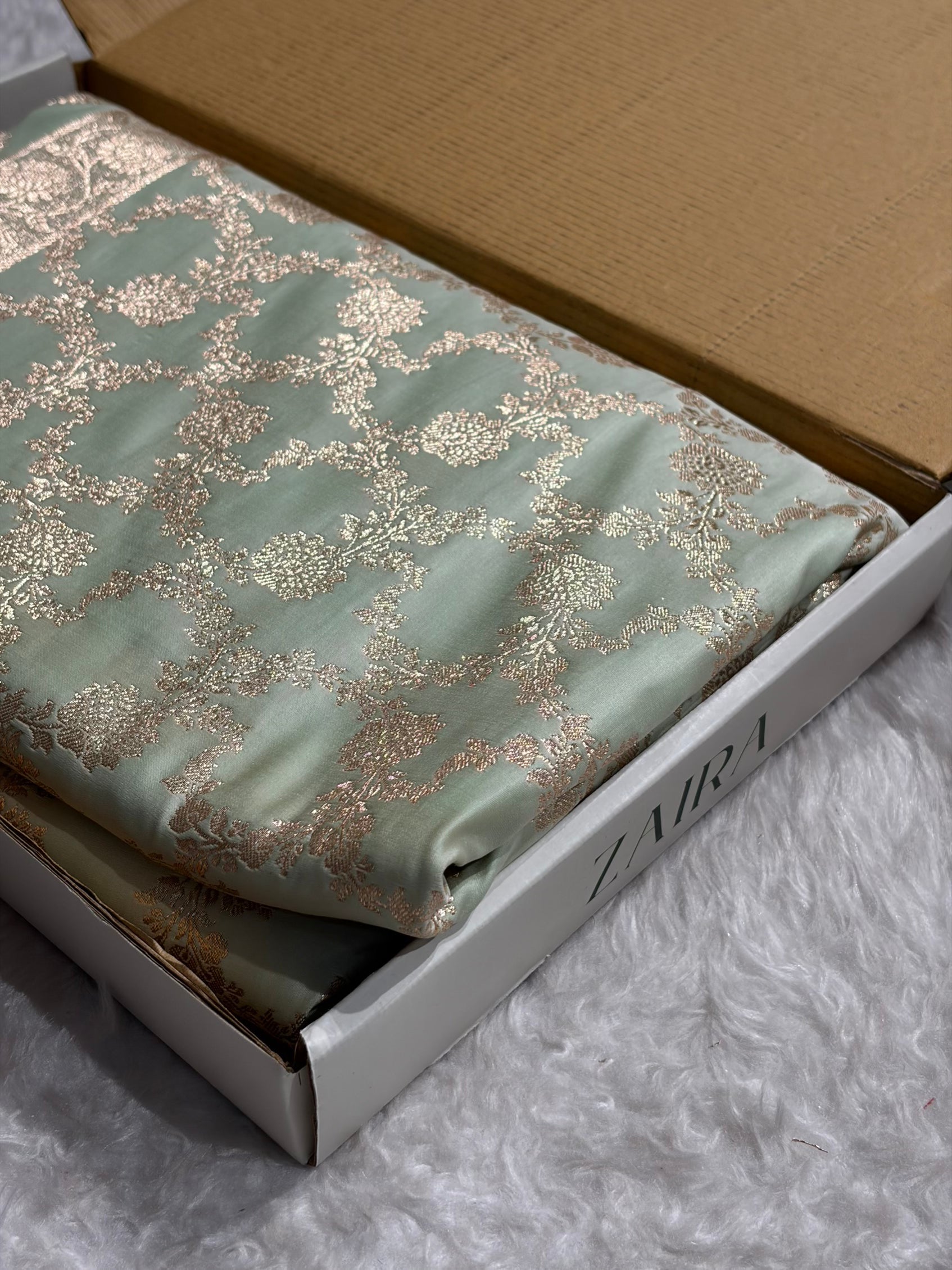 Light Pista Jaal Pattern Satin Katan Silk Saree SK25