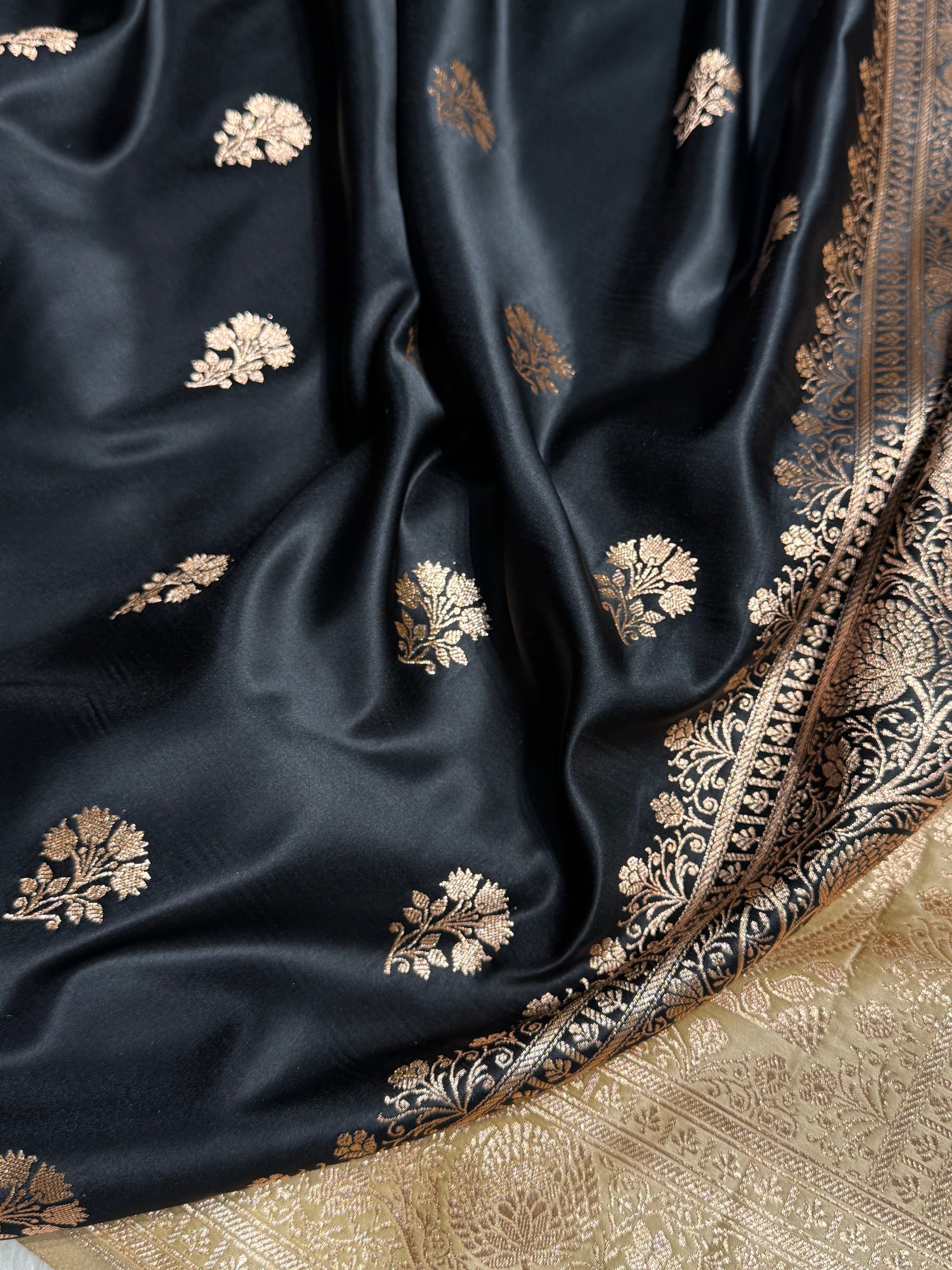 Black - Cream Banarasi Boota Katan Silk Saree
