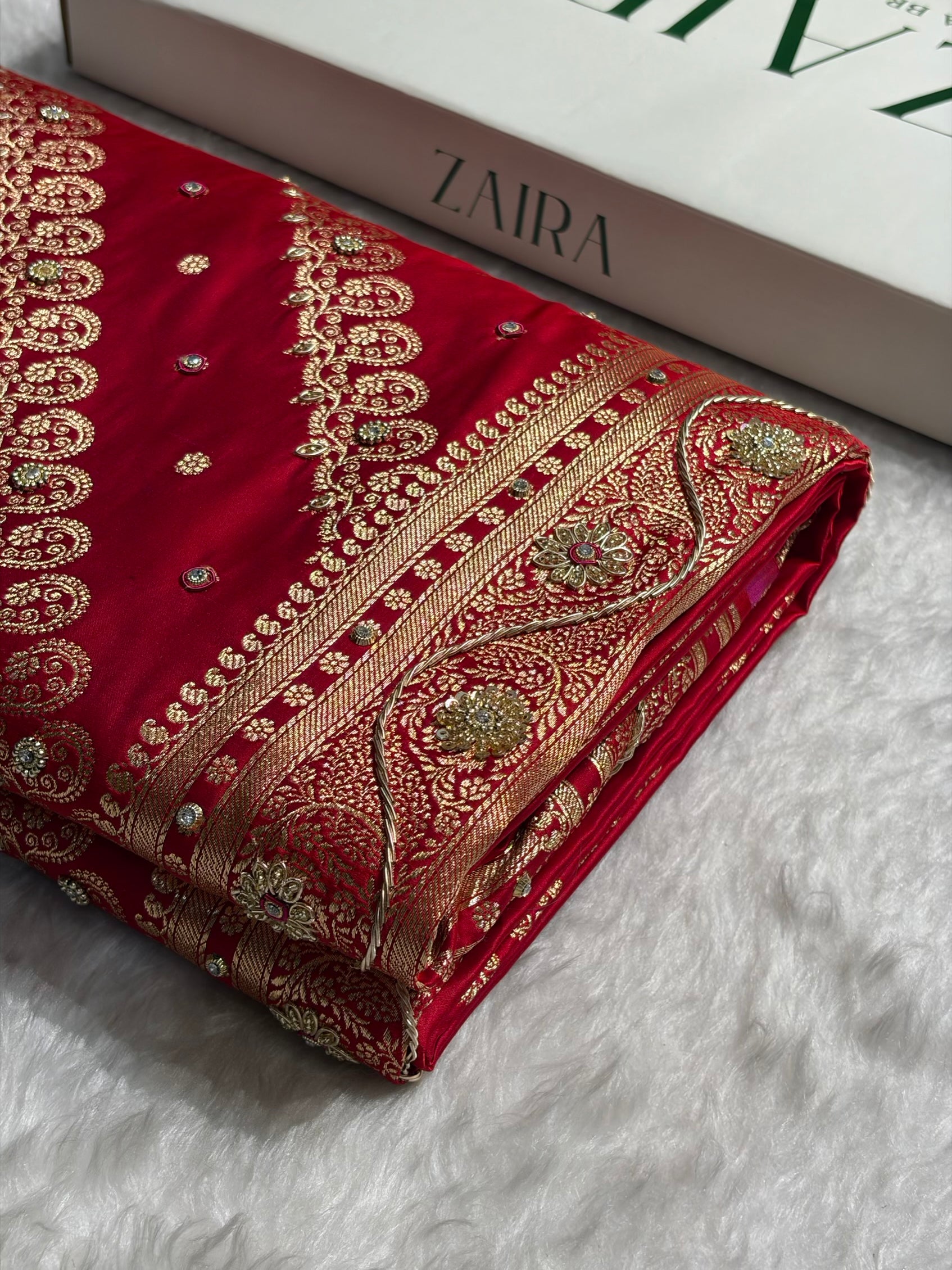 Banarasi Magnetic Red Shades Cross Floral Pattern With Zardozi Work Satin Katan Silk Saree BSK79