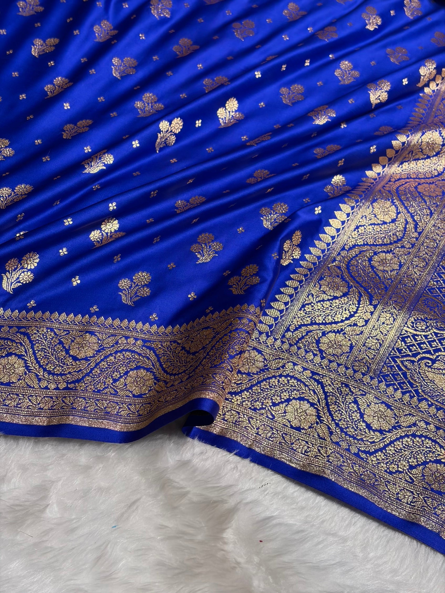 Royal Blue Floral Unique Boota Pattern Satin Katan Silk Saree SK73