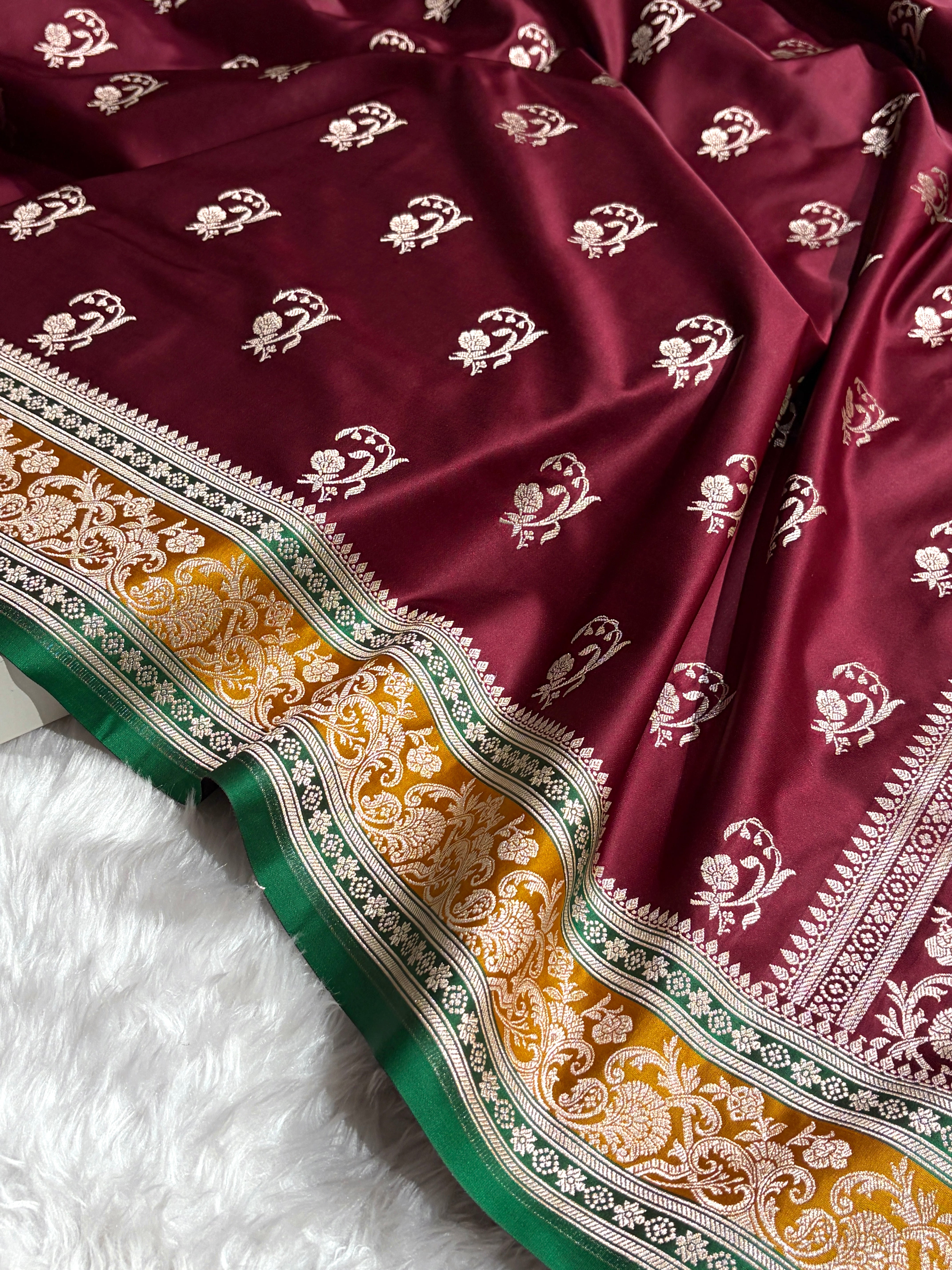 Banarasi Chocolate With Contrast Mustard Floral Border Mashru Silk Saree MSM-100