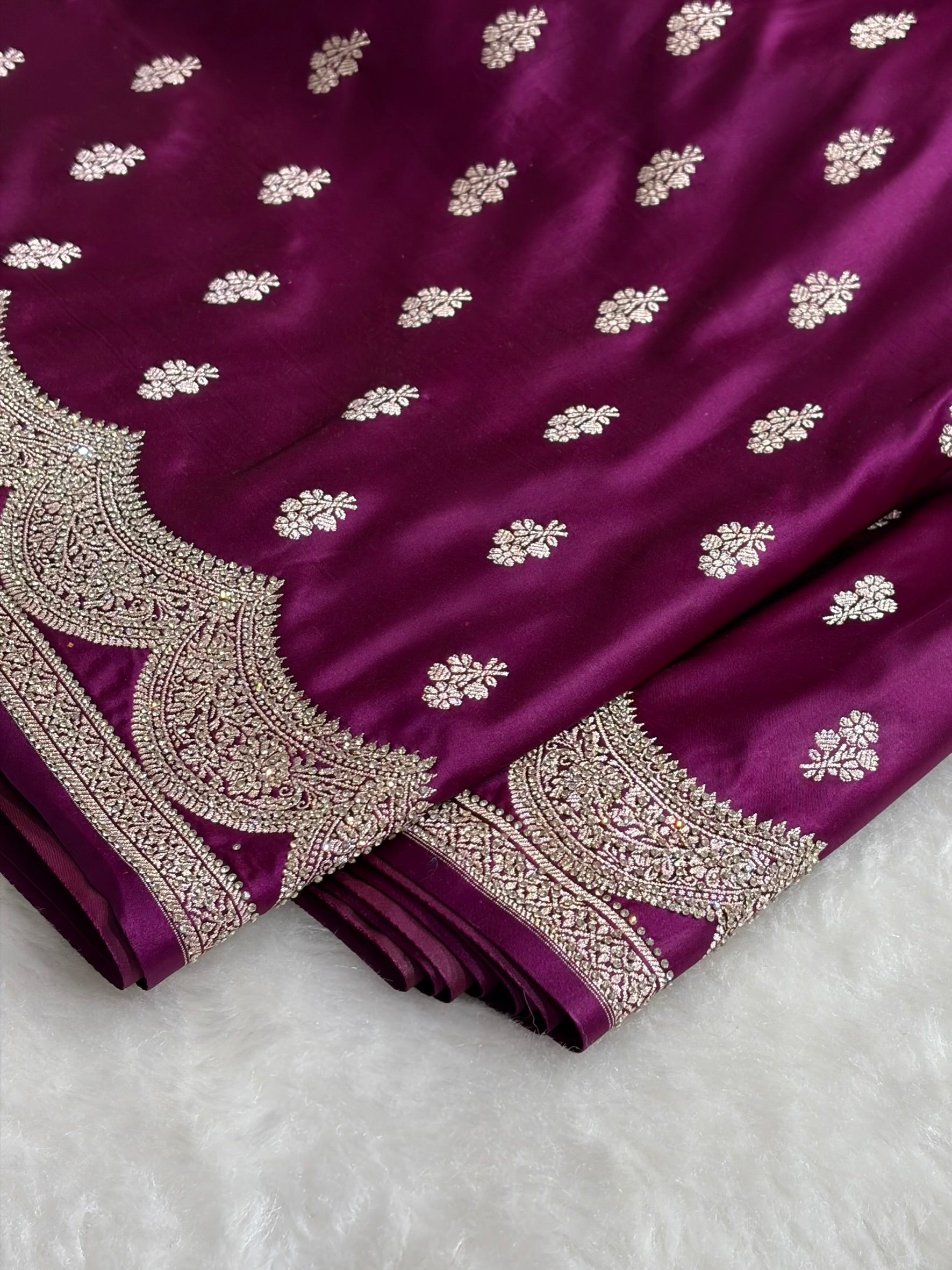 Banarasi Wine Scallop Mashru Silk with White Stone Swarovski work BMS02
