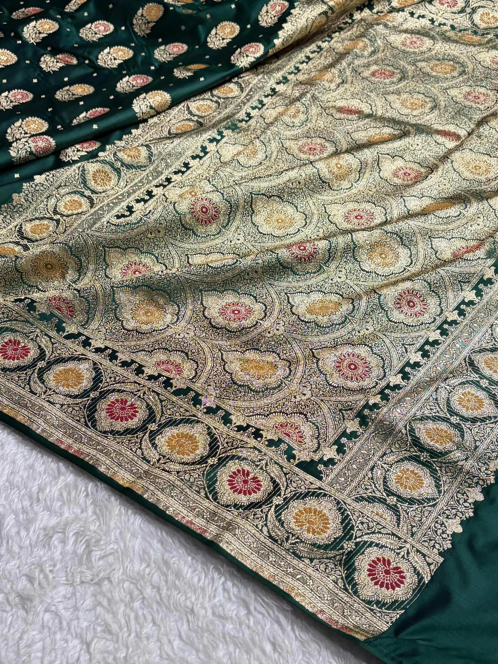 Bottle Green Shades Minakari Booti Satin Katan Silk saree