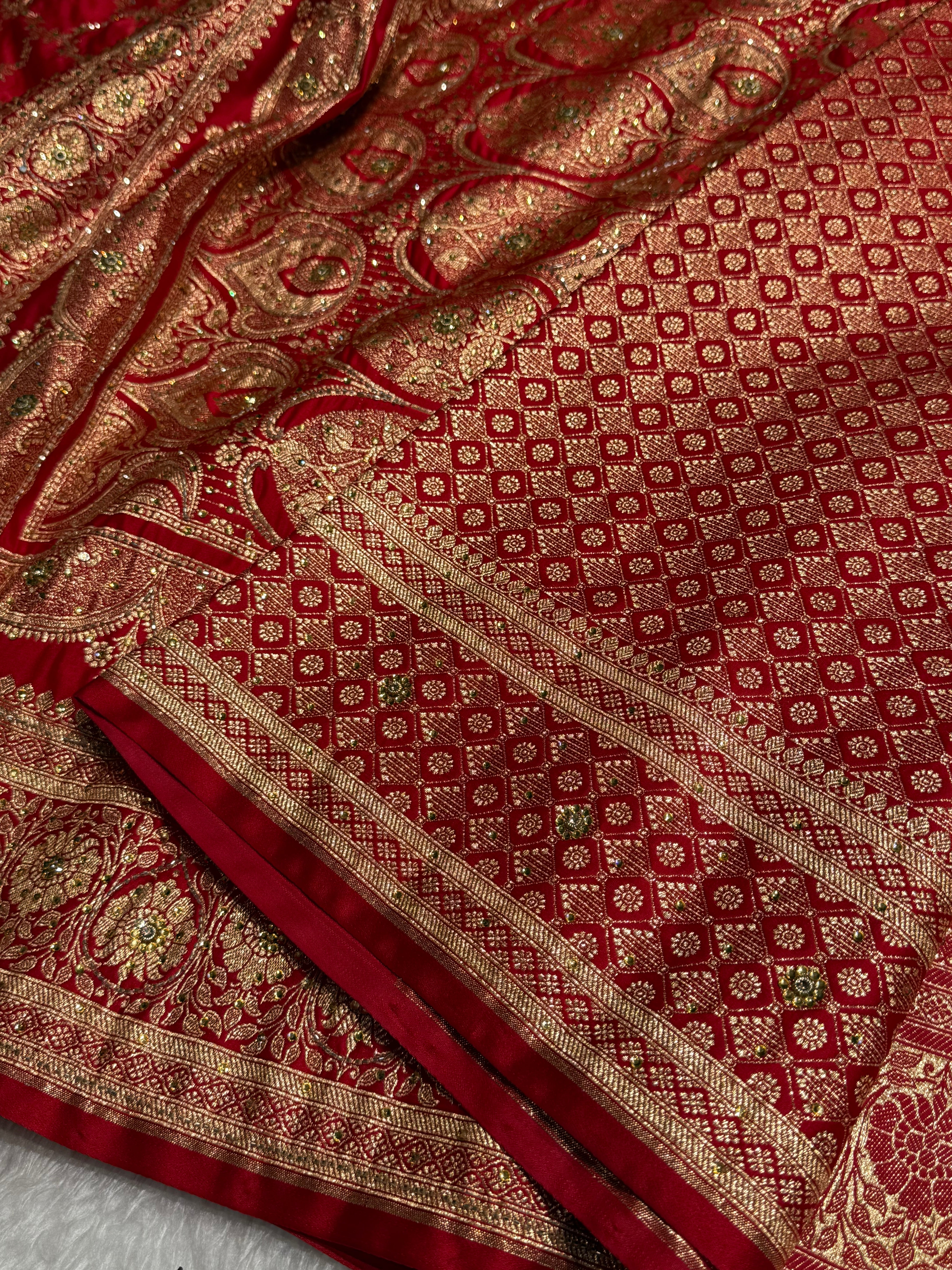 Bridal Red Katan Silk with Ari and Stone