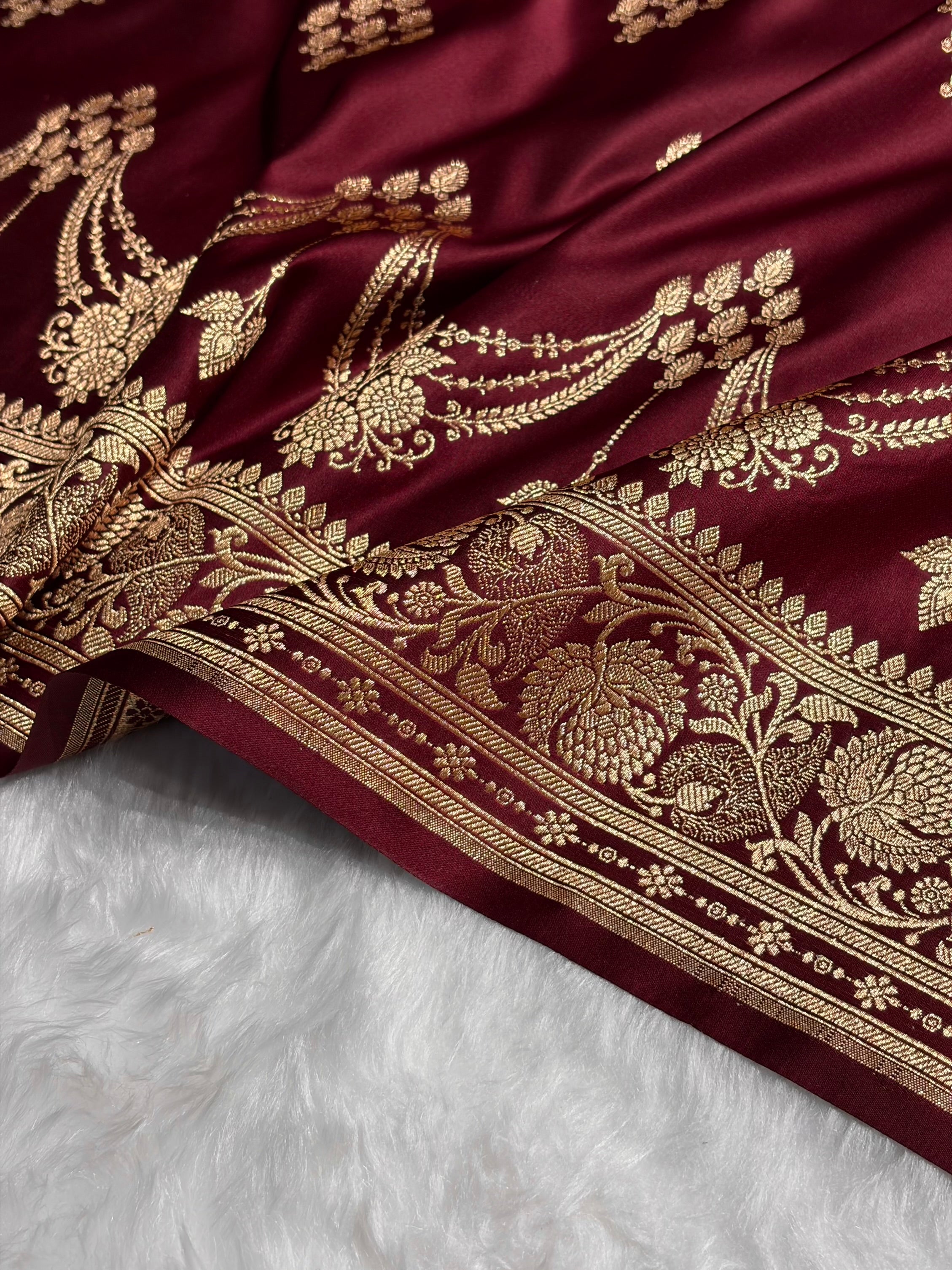 Garnet Floral Boota Satin Katan Silk saree SK34