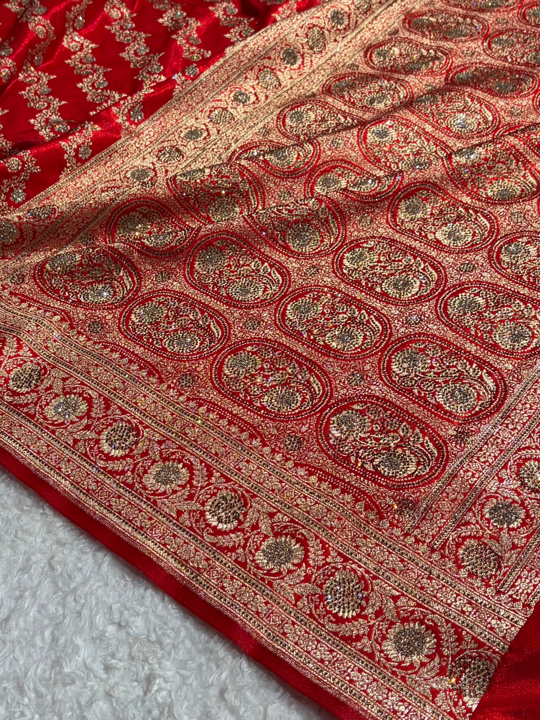 Banarasi Bridal Red Shades With Swarovski Stone and White Stone Work Satin Silk Saree BSS32