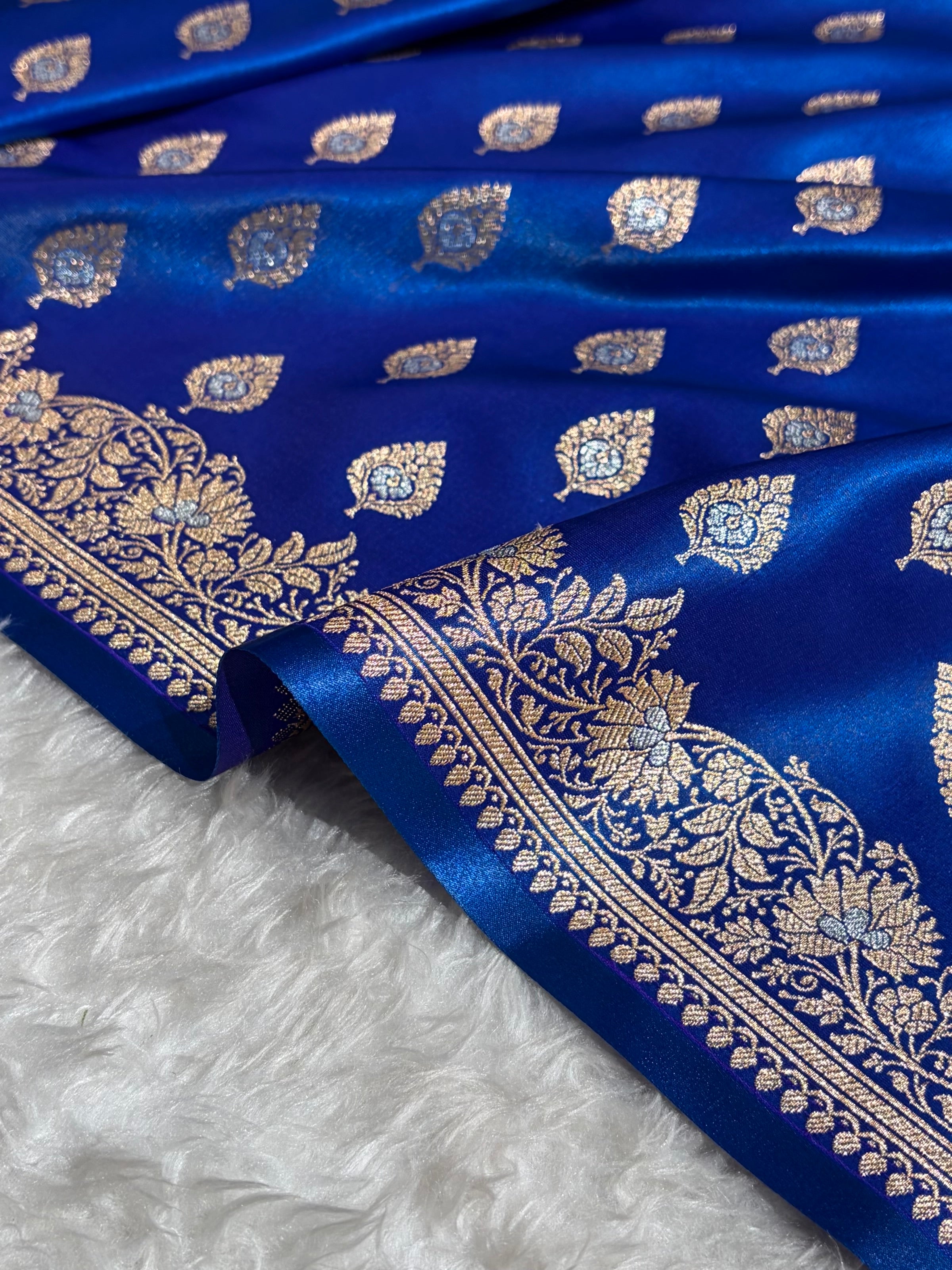 Banarasi Cross Royal Blue Shades Minakari Booti Pattern Banarasi Satin Silk Saree SS60
