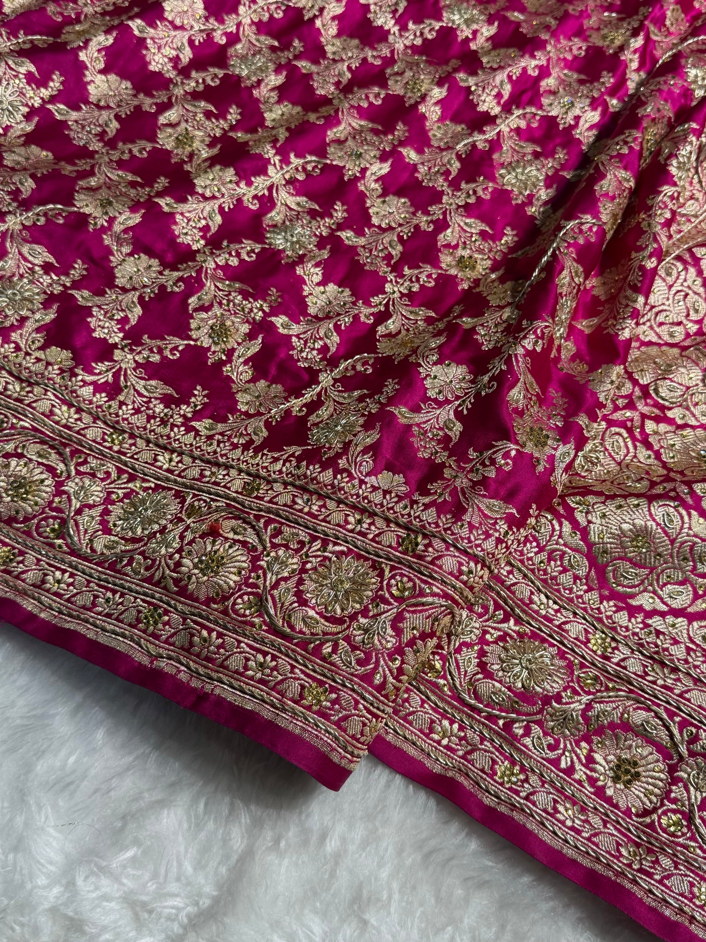 Pure Handloom Bridal Rani Katan Silk Banarasi Saree with Zardozy, Ari and Stone work PBSK01