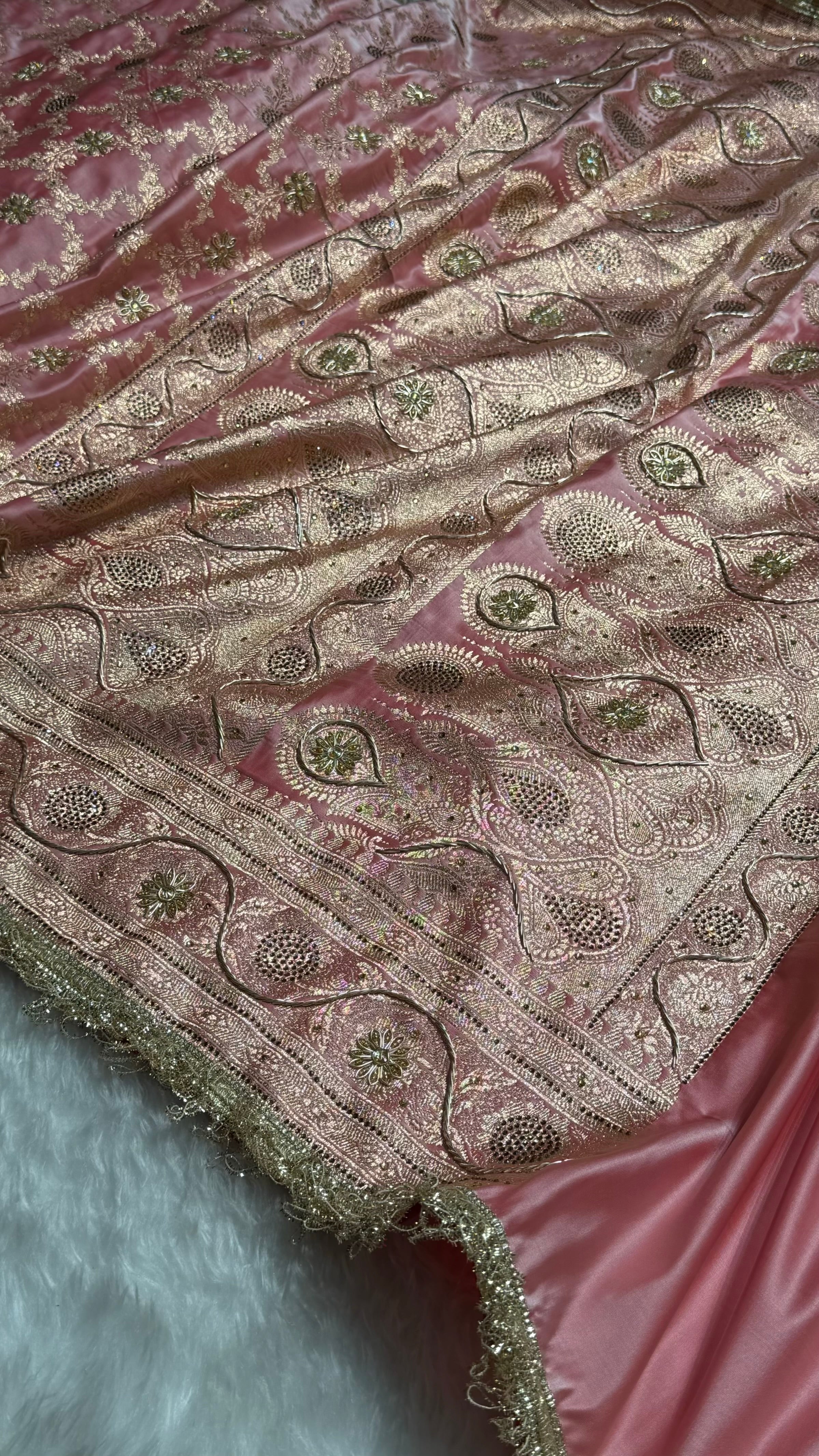 Baby Pink Swavroski & Zardozi Work With Gotta Patti Jaal Pattern Satin Katan Silk Saree BSKGP25