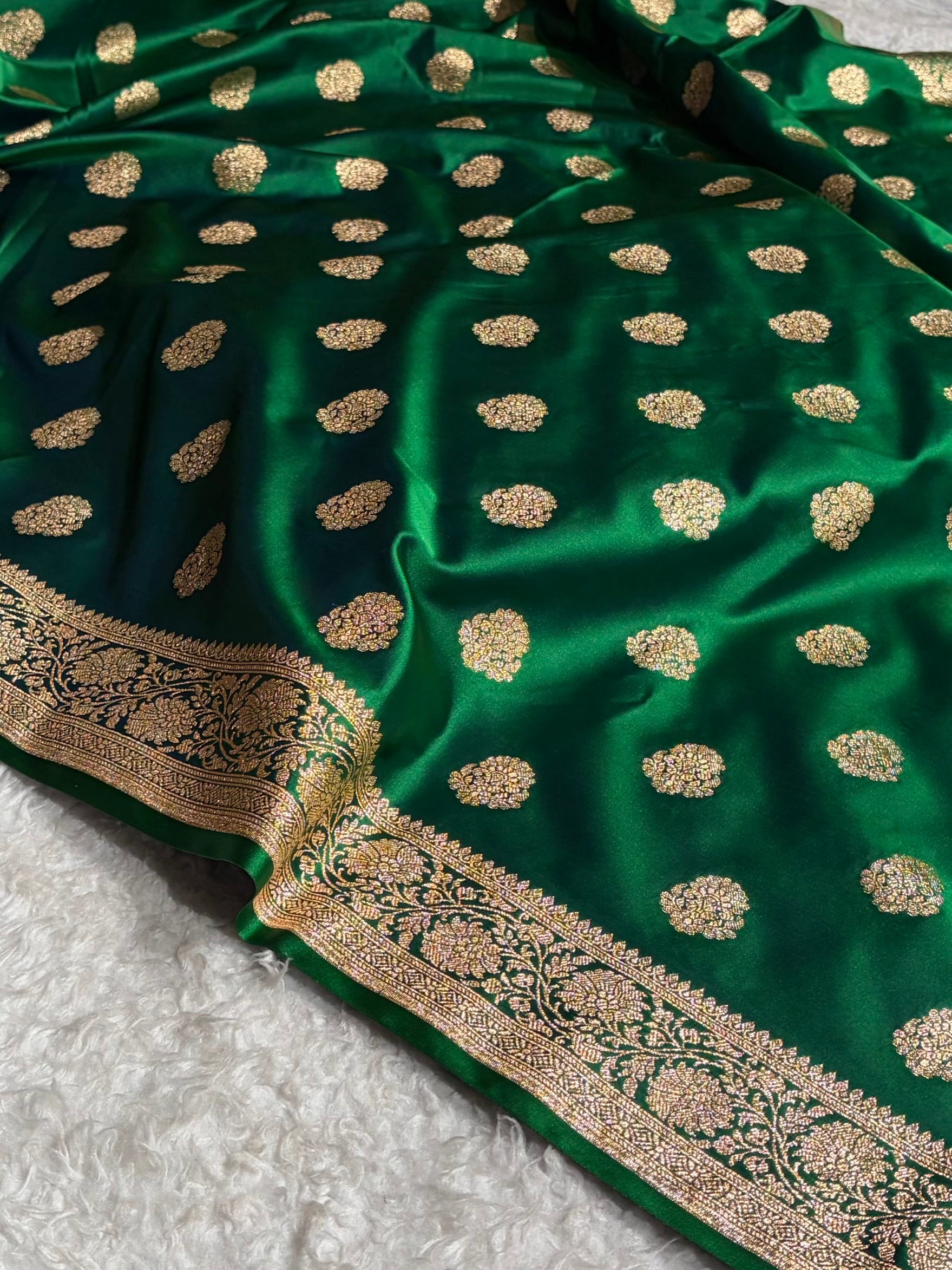 Banarasi Satin Katan Saree With Boota in Cross Green Shades SK109