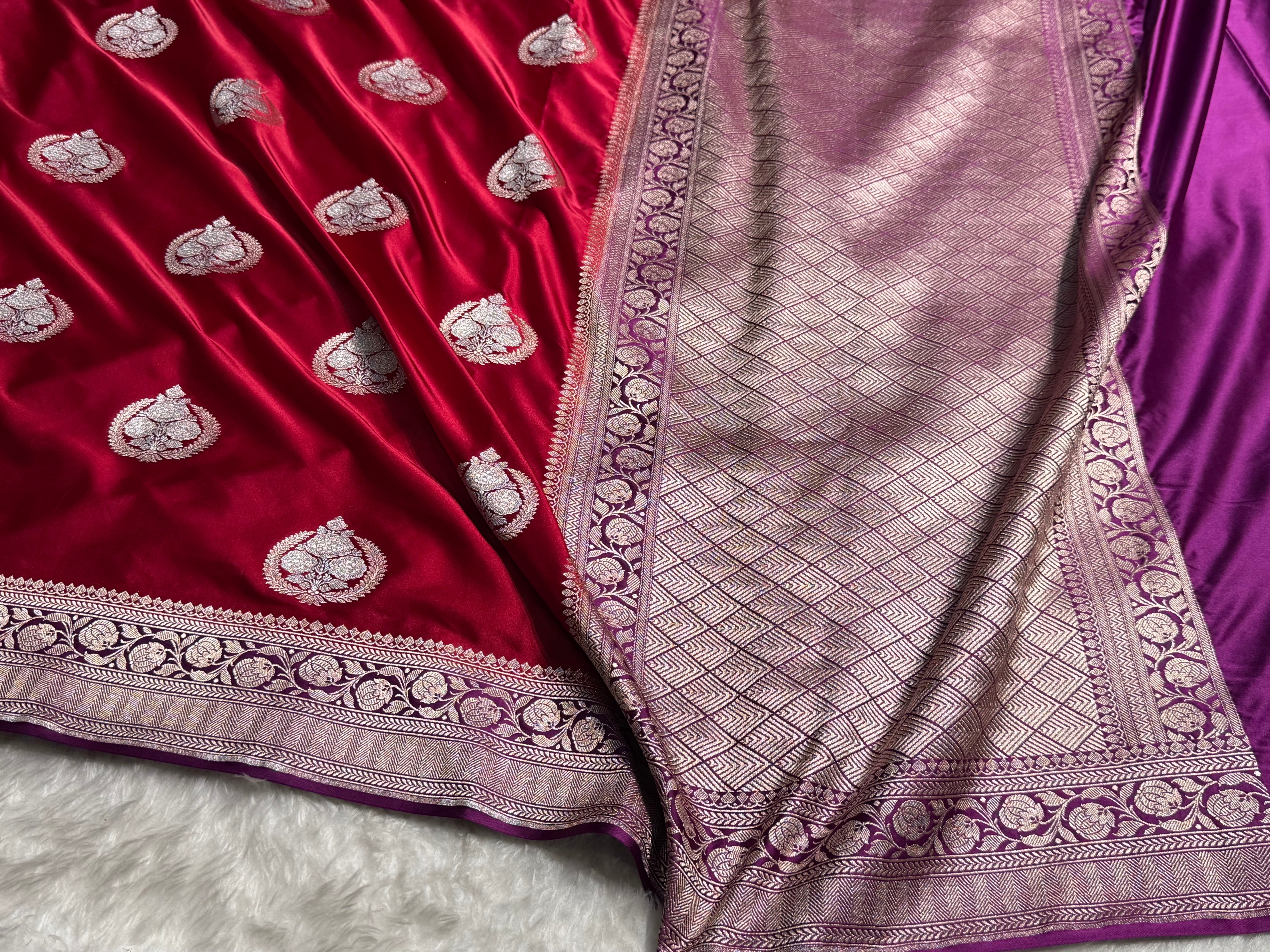 Banarasi Contrast Maroon With Wine Minakari Boota Mashru Silk Saree MS35