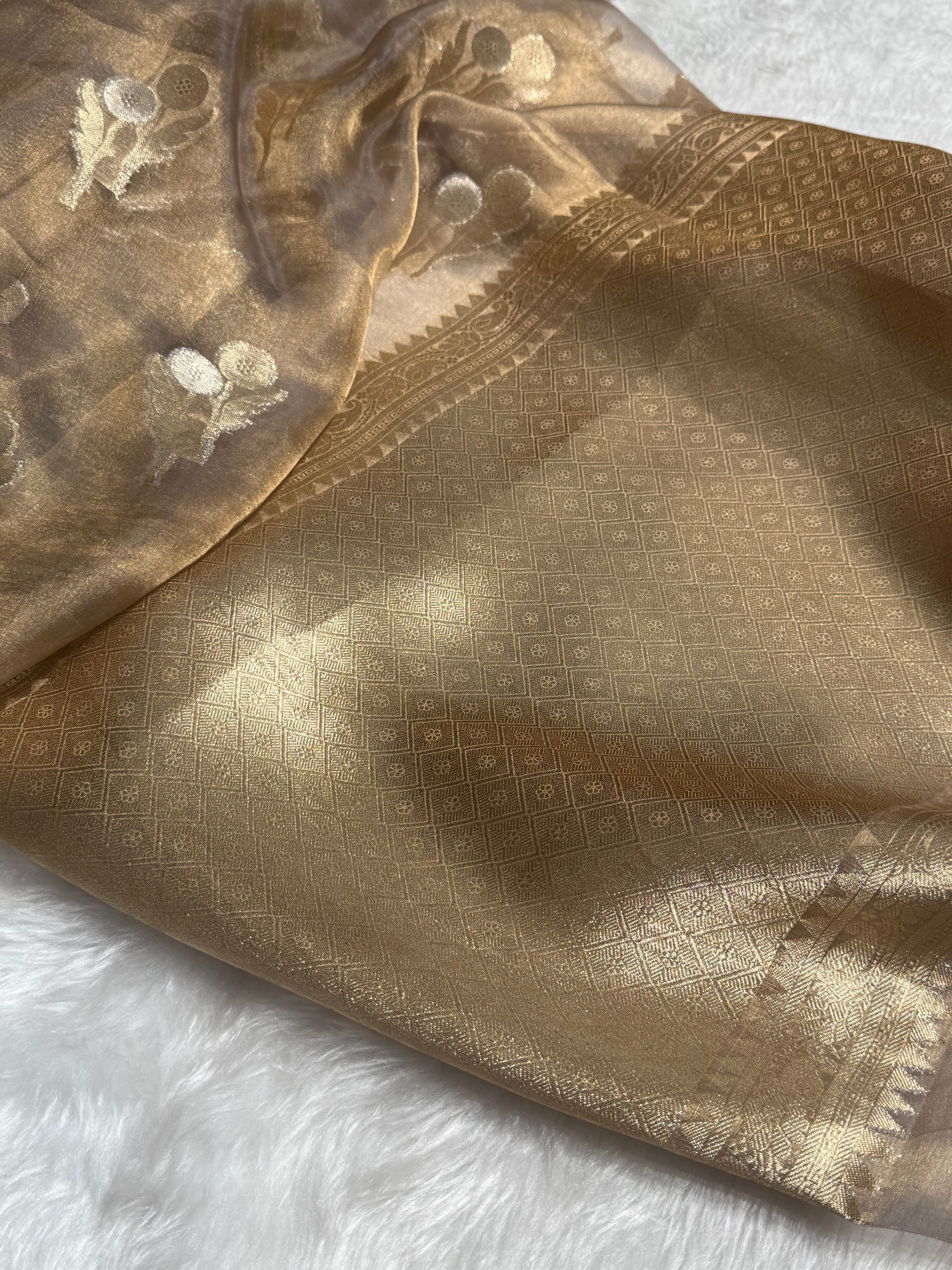 Tussar Gray floral Shades Pure Tissue Silk Saree with Brocade Blouse PT-22