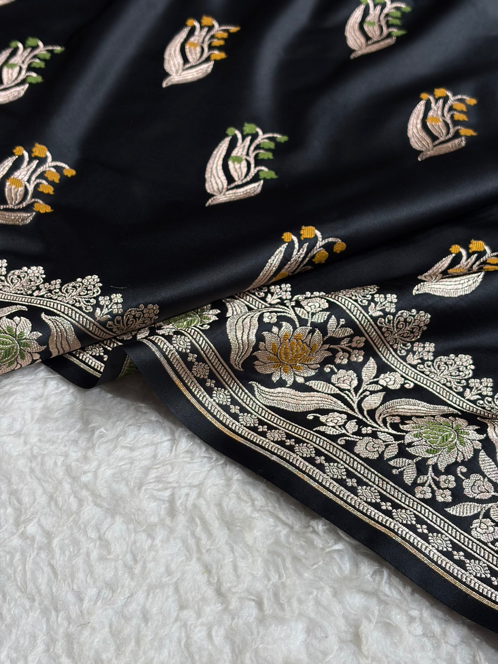Black Shades Banarasi Boota Pattern Minakari Floral Mashru Silk Saree MSM-121