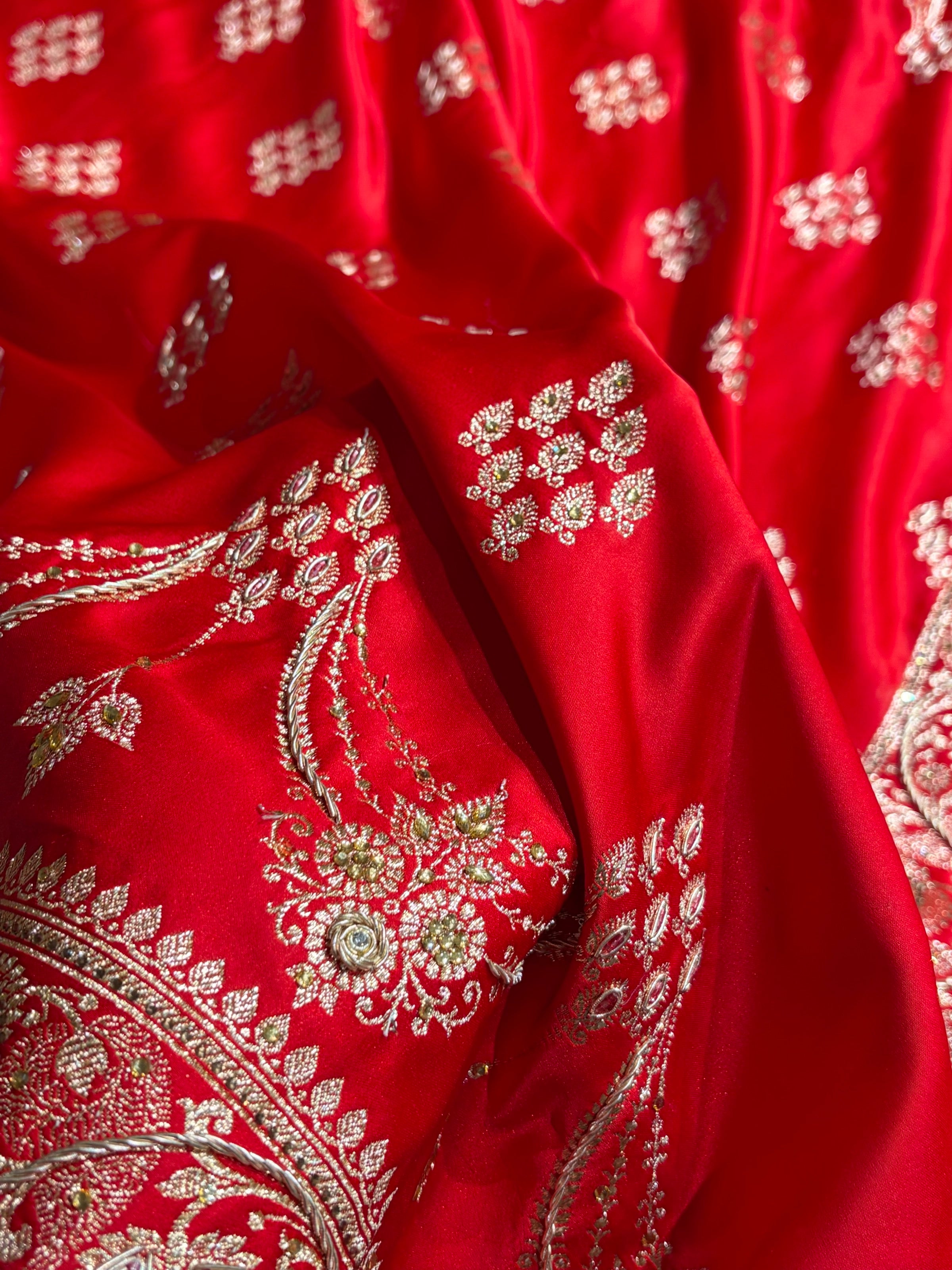 Bridal Red Floral Boota Pattern With Zardozi Stone Work Satin Katan Silk saree BSK34