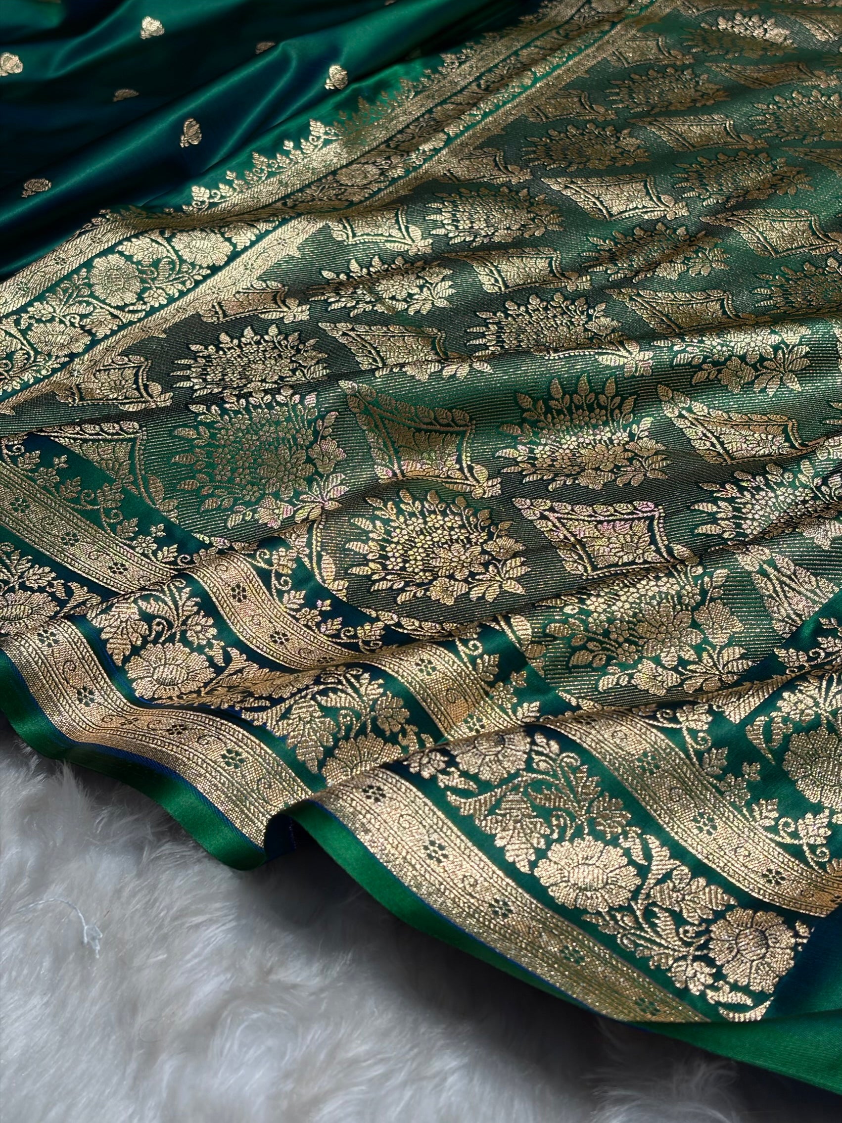 Green Cross Booti Pattern Satin Katan Silk Saree SK66