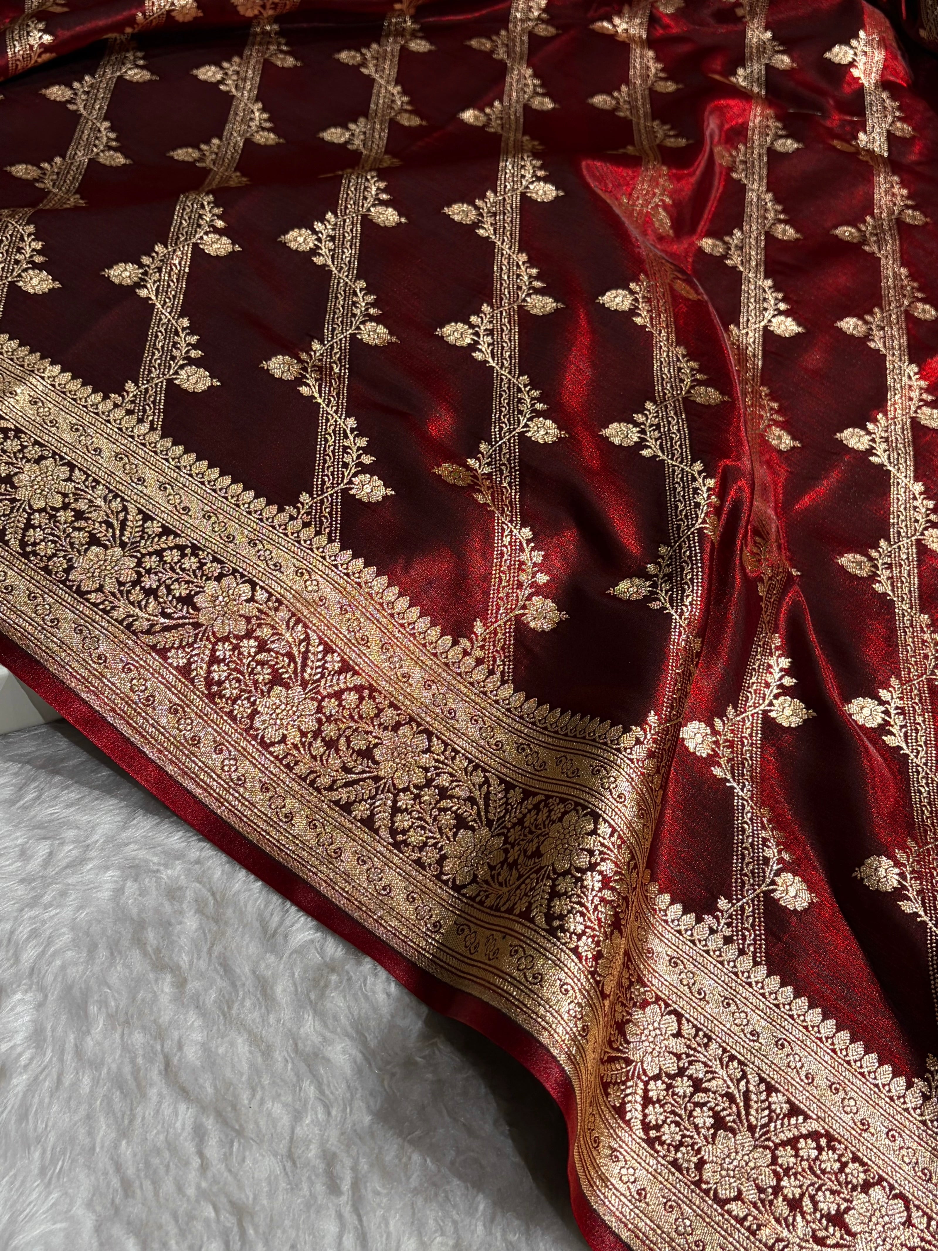 Maroon Shades Cross Pattern Banarasi Satin Silk Saree SS50