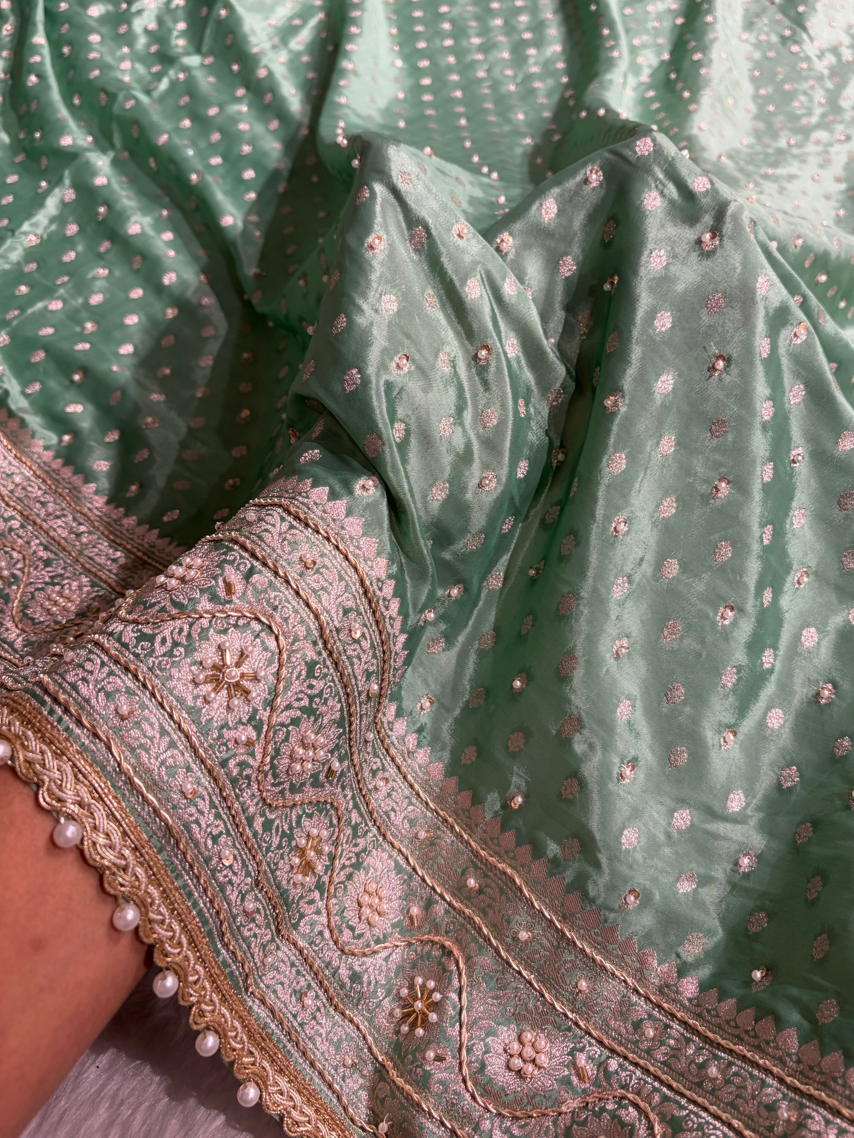 Sea Green Crepe Silk Katan With Zardozi and Gotta Patti Work Banarasi Saree BCSK-02