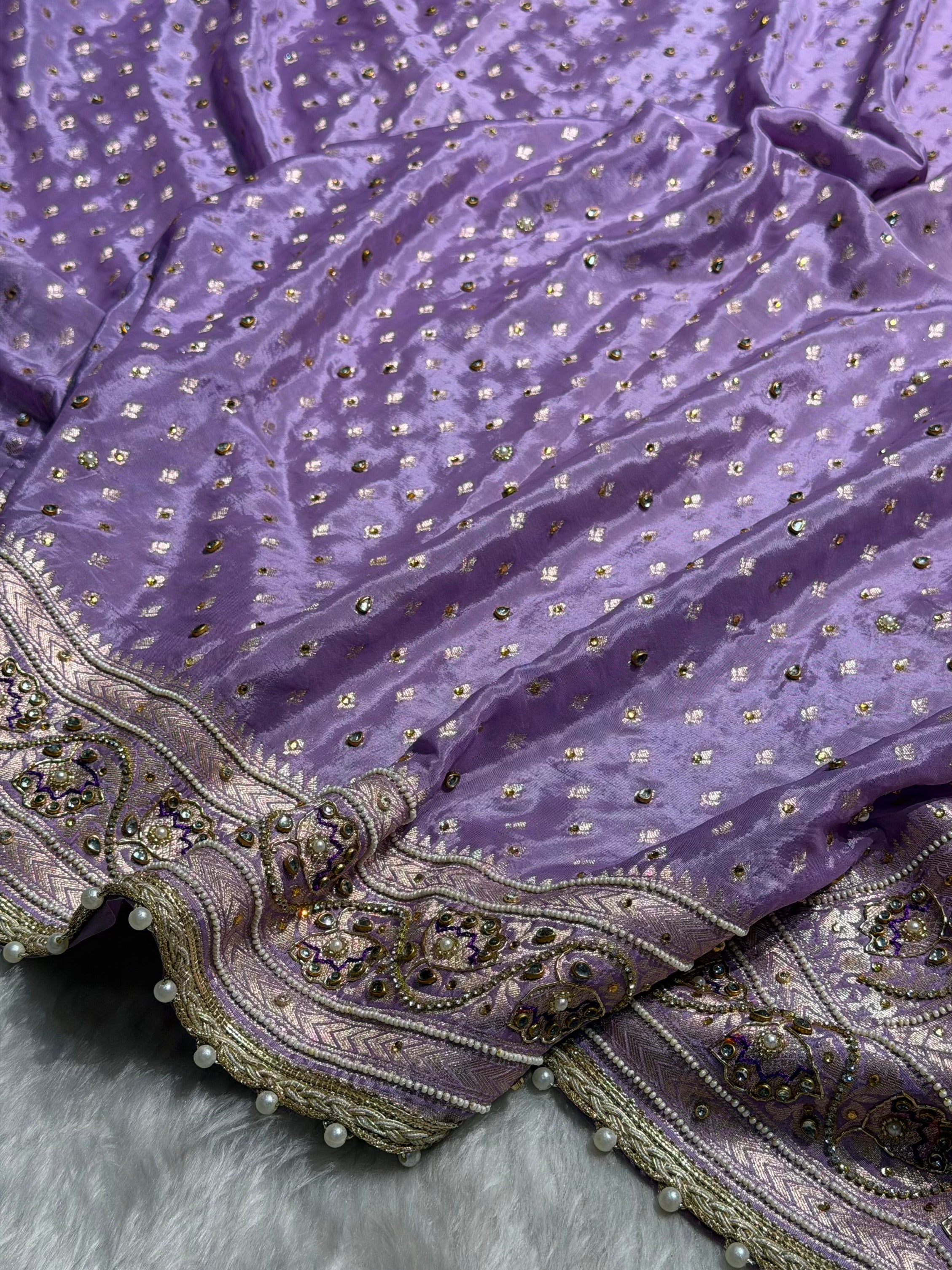 Lavender Shades Border Crepe Silky Katan With Ari Zardozi & Gotta Patti Work Banarasi Saree BCSKGP-04