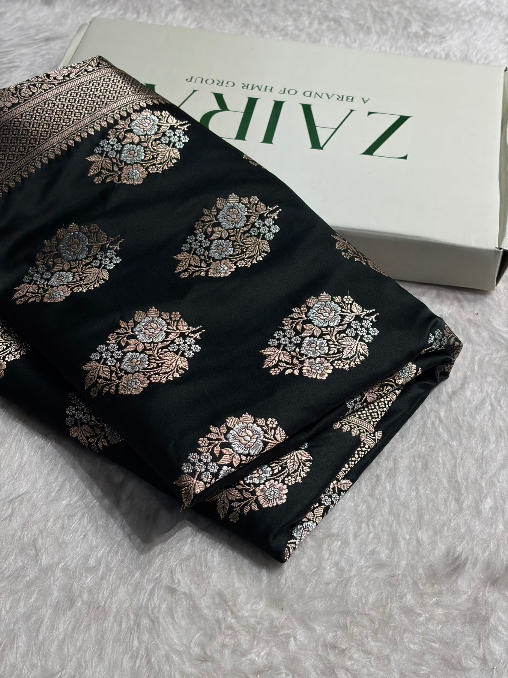 Premium Banarasi Satin Katan Saree With Minakari Boota in Black Shades SK93