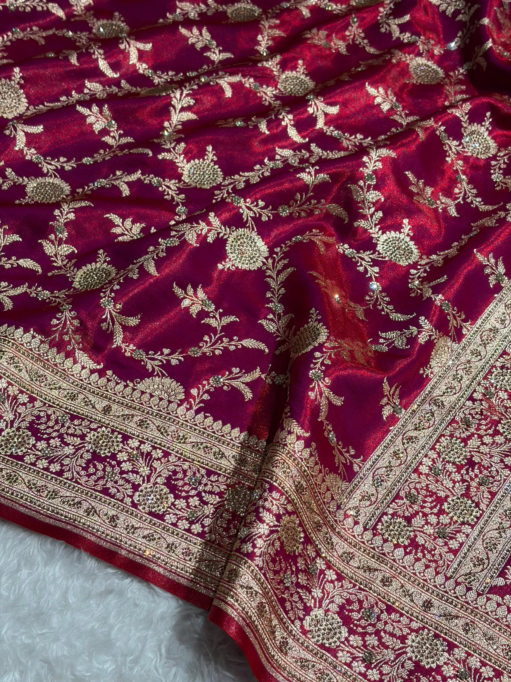 Light Weight Reddish Magenta Satin Silk Saree with Swarovski work BSS14