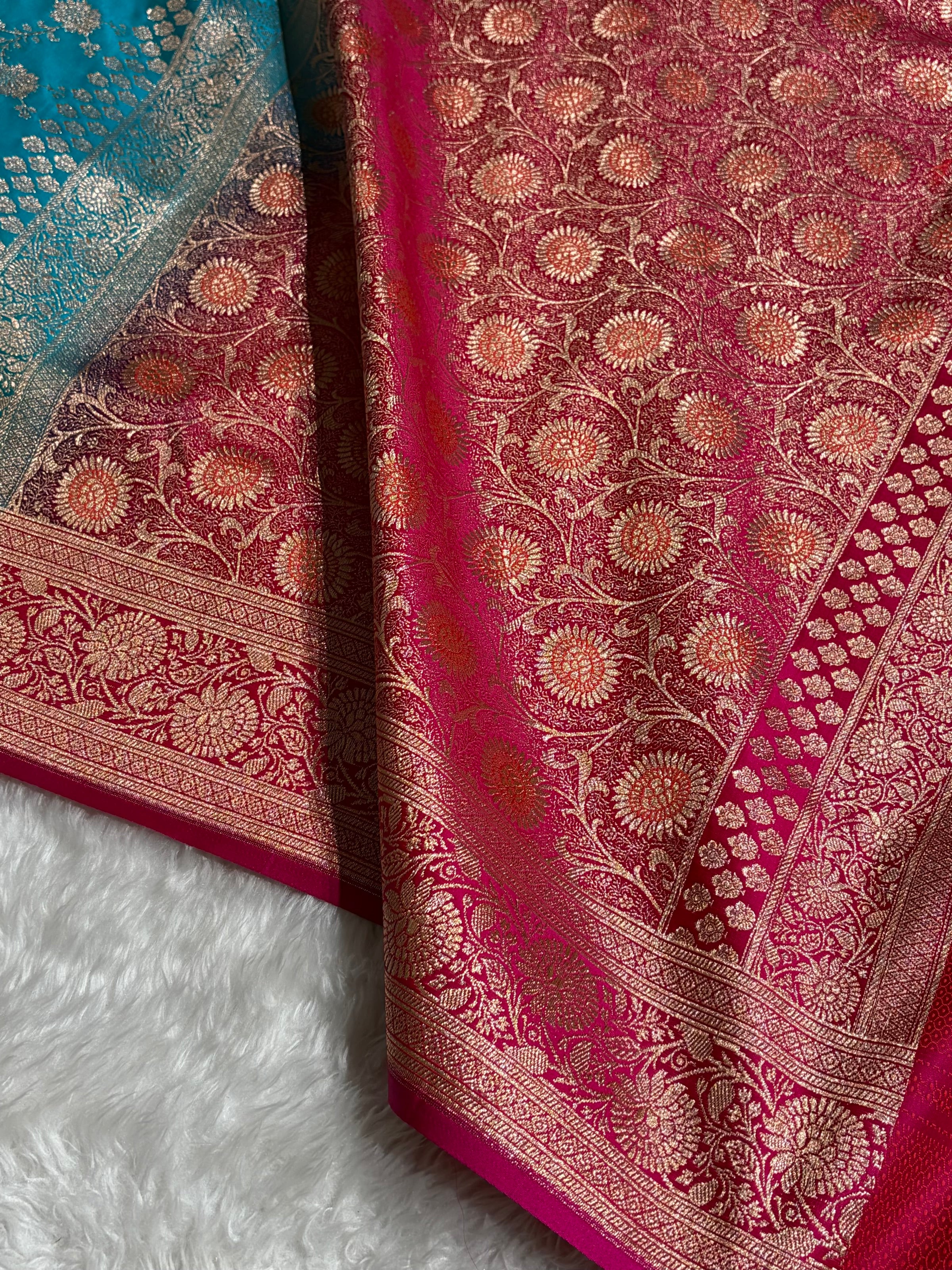 Banarasi Satin Katan Saree Contrast Firozi / Rani Shades SK132