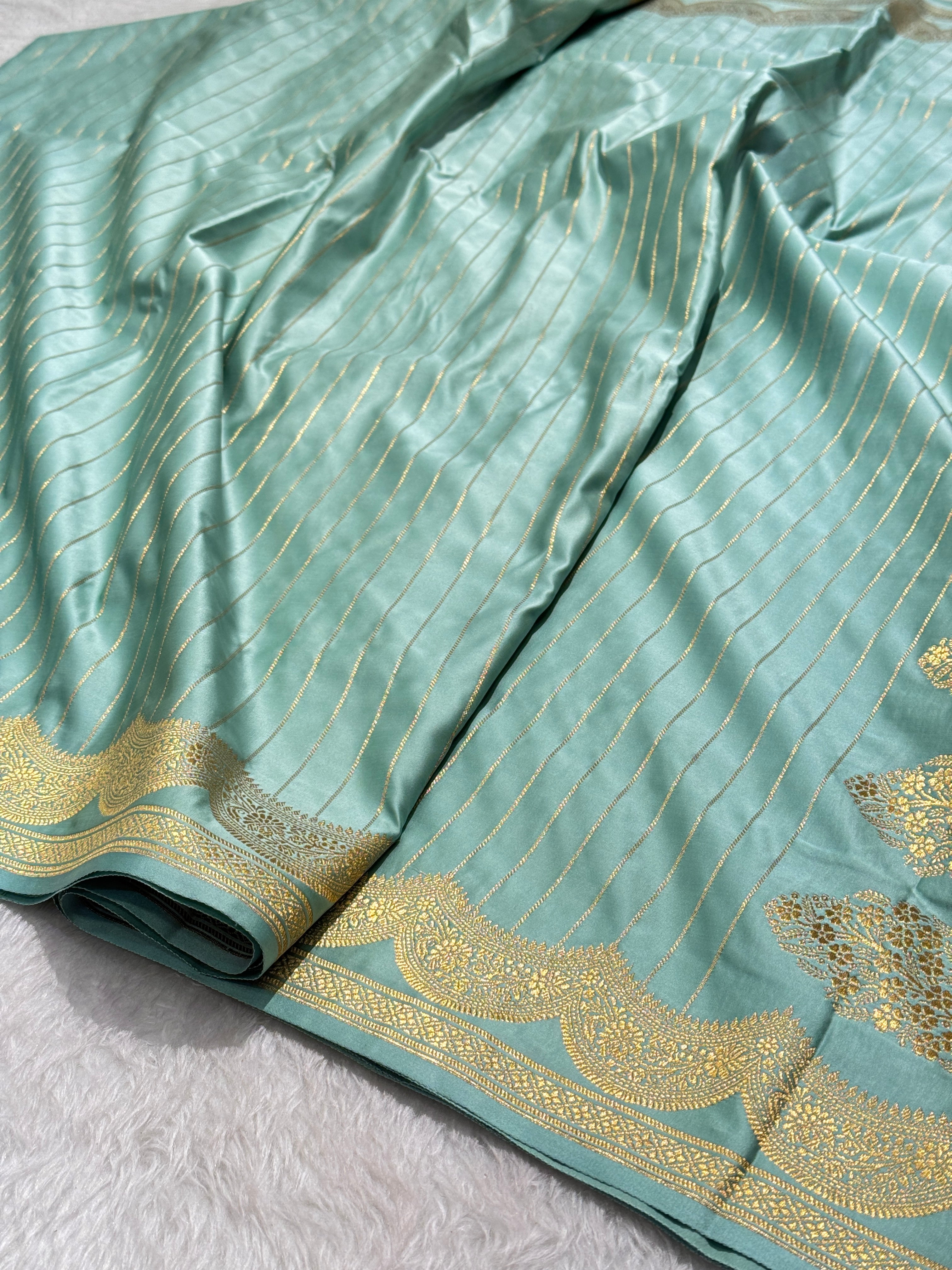SeaGreen Scallop Strip Mashru Silk Banarasi Saree MSS