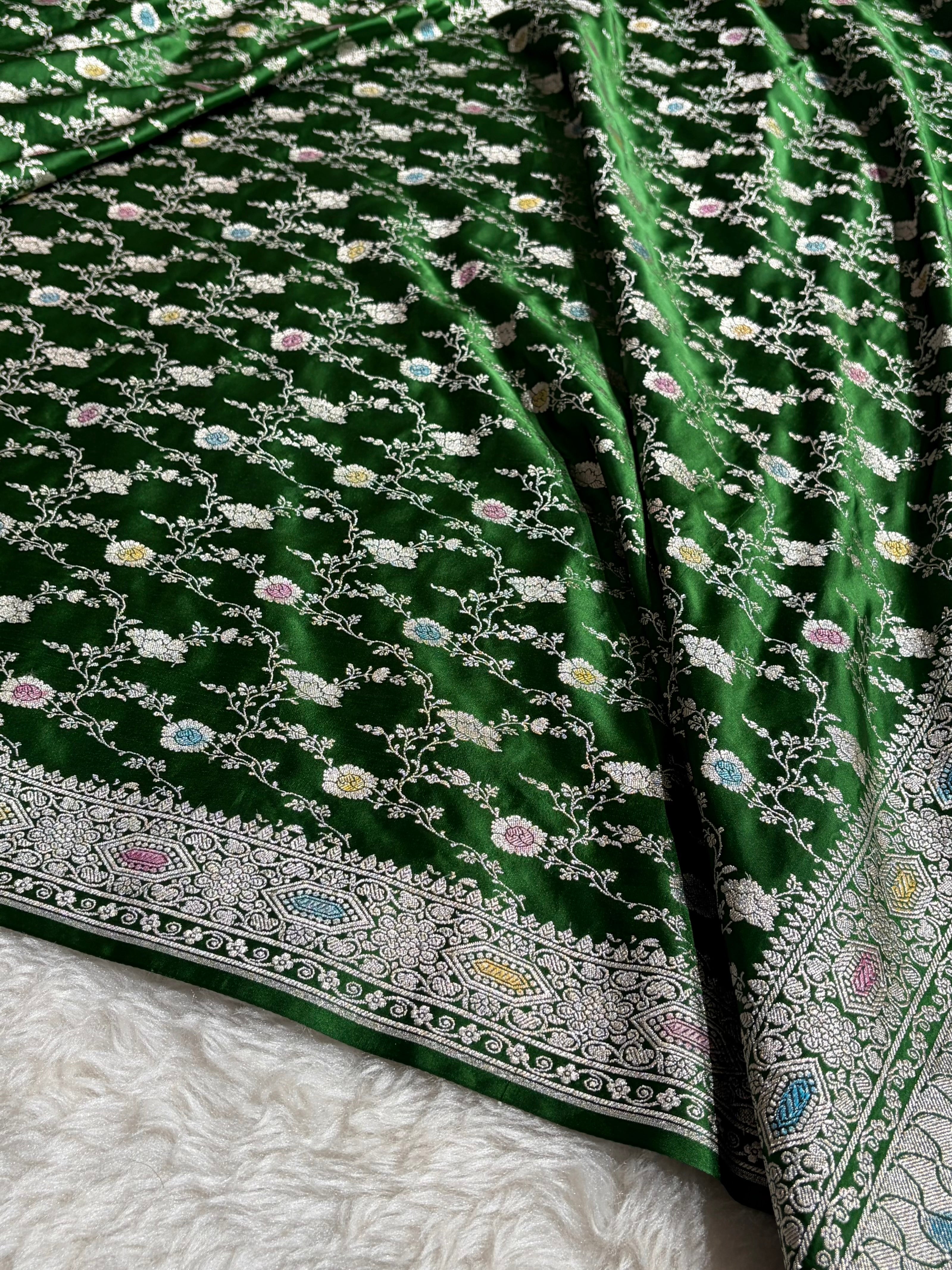 Banarasi Bottle Green Shades Minakari Floral Mashru Silk Saree MCS92
