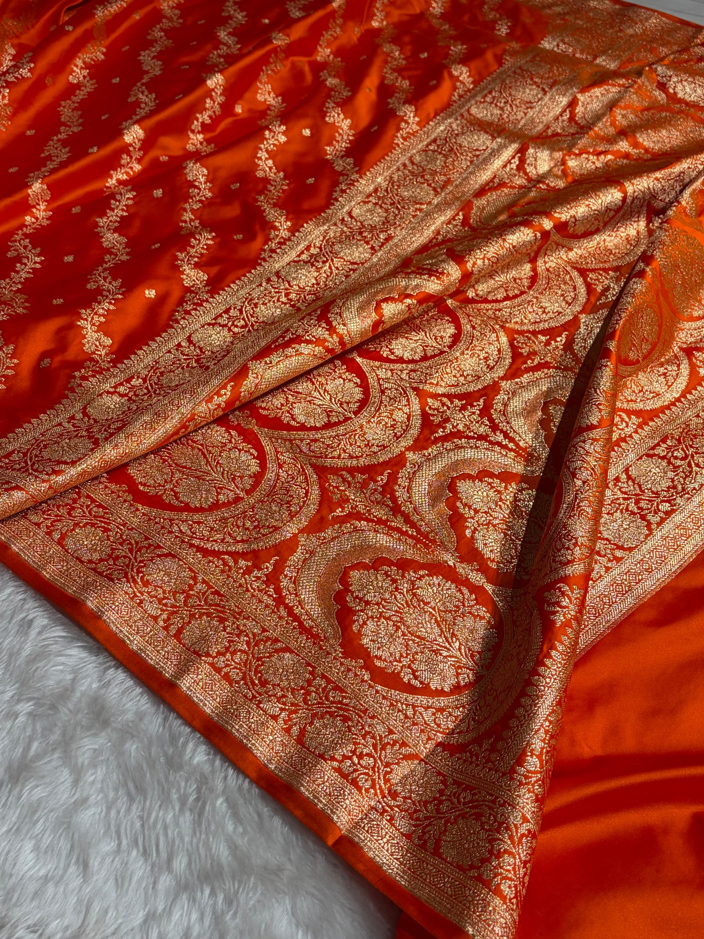 Banarasi Satin Katan Saree With Boota in Fanta Orange Shades SK108