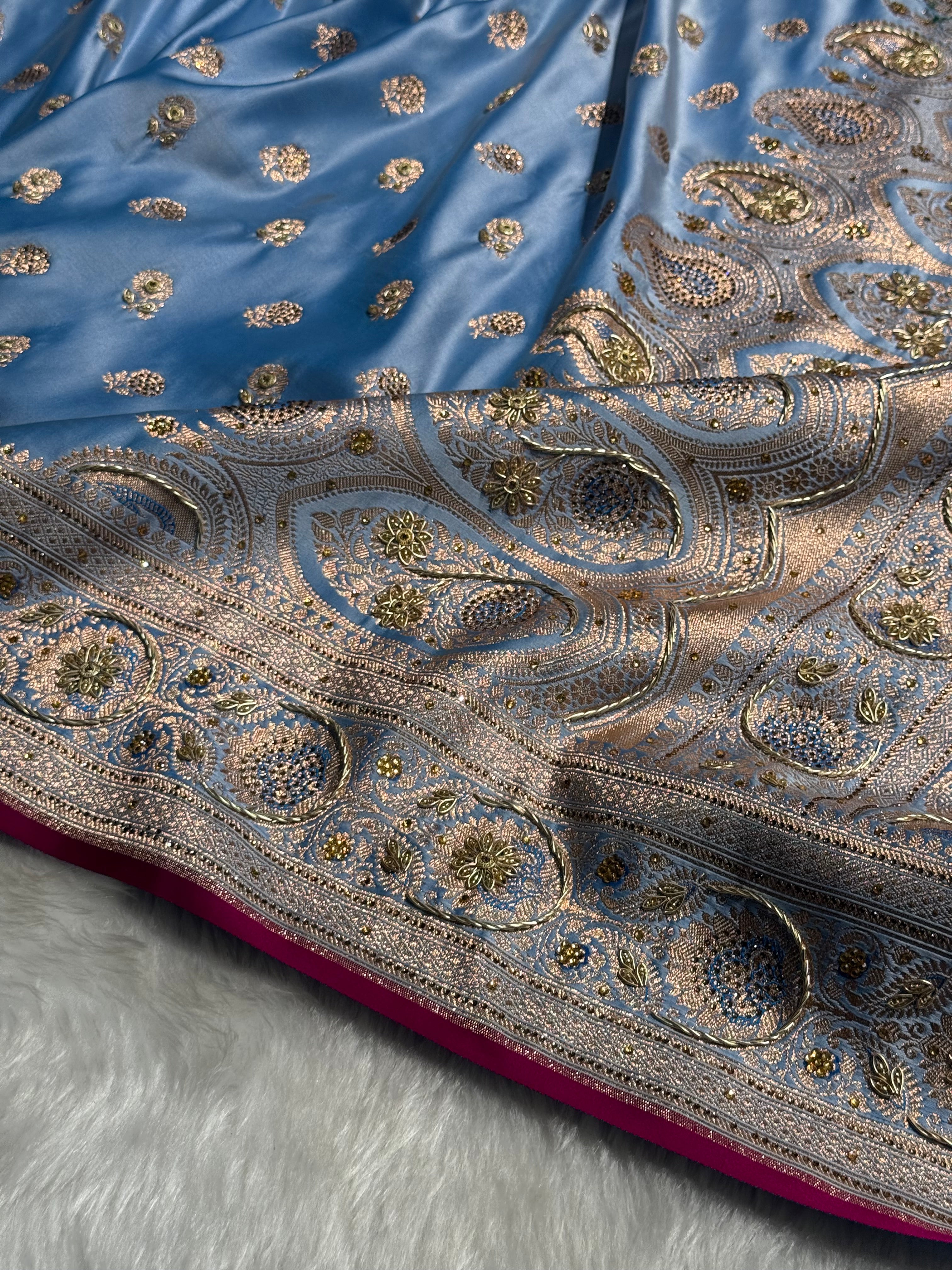 Powder Blue Shades Booti Katan Silk Saree with Stone & Zardozi Work BSK12