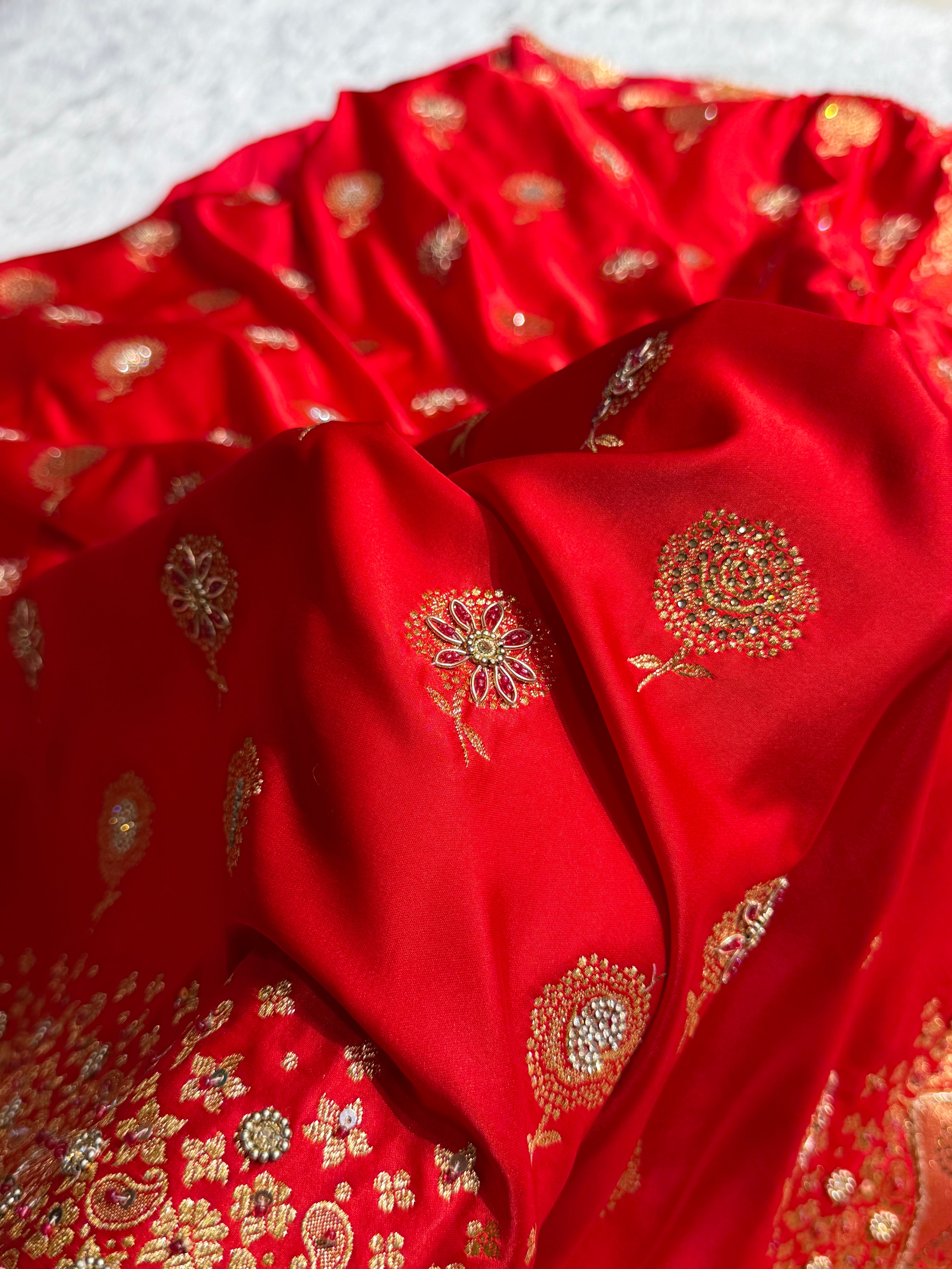 Banarasi Satin Katan Saree With Ari & Zardozi Work Boota in Red Shades BSK111
