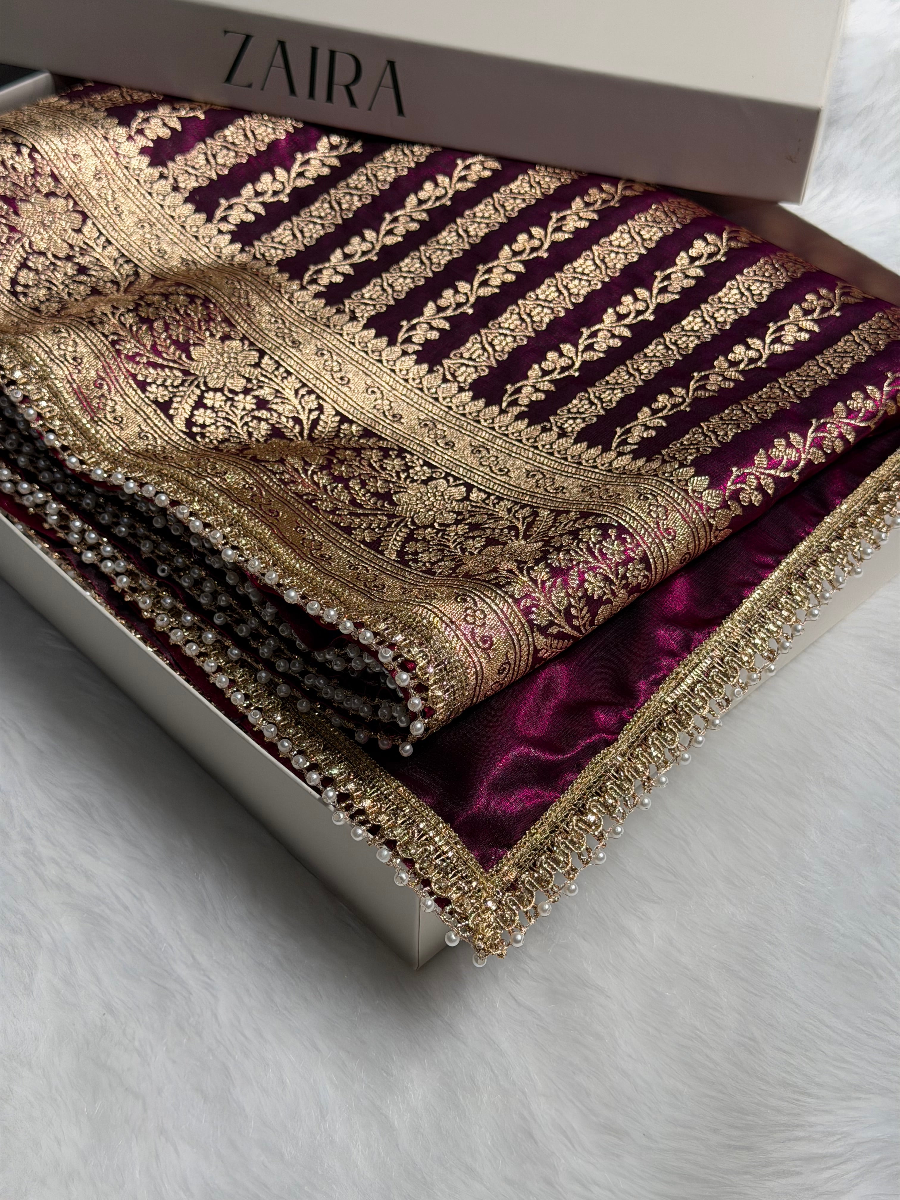 Satin Silk Strip pattern in Wine Shades With Gota Patti SSGP46