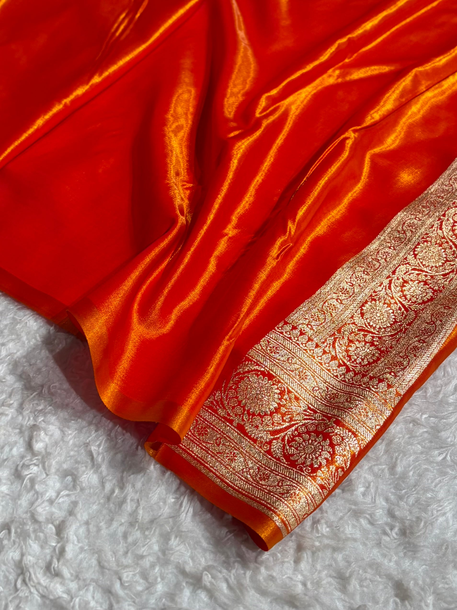 Satin Silk Saree Cross with Booti in Fire Gold Shades SS24