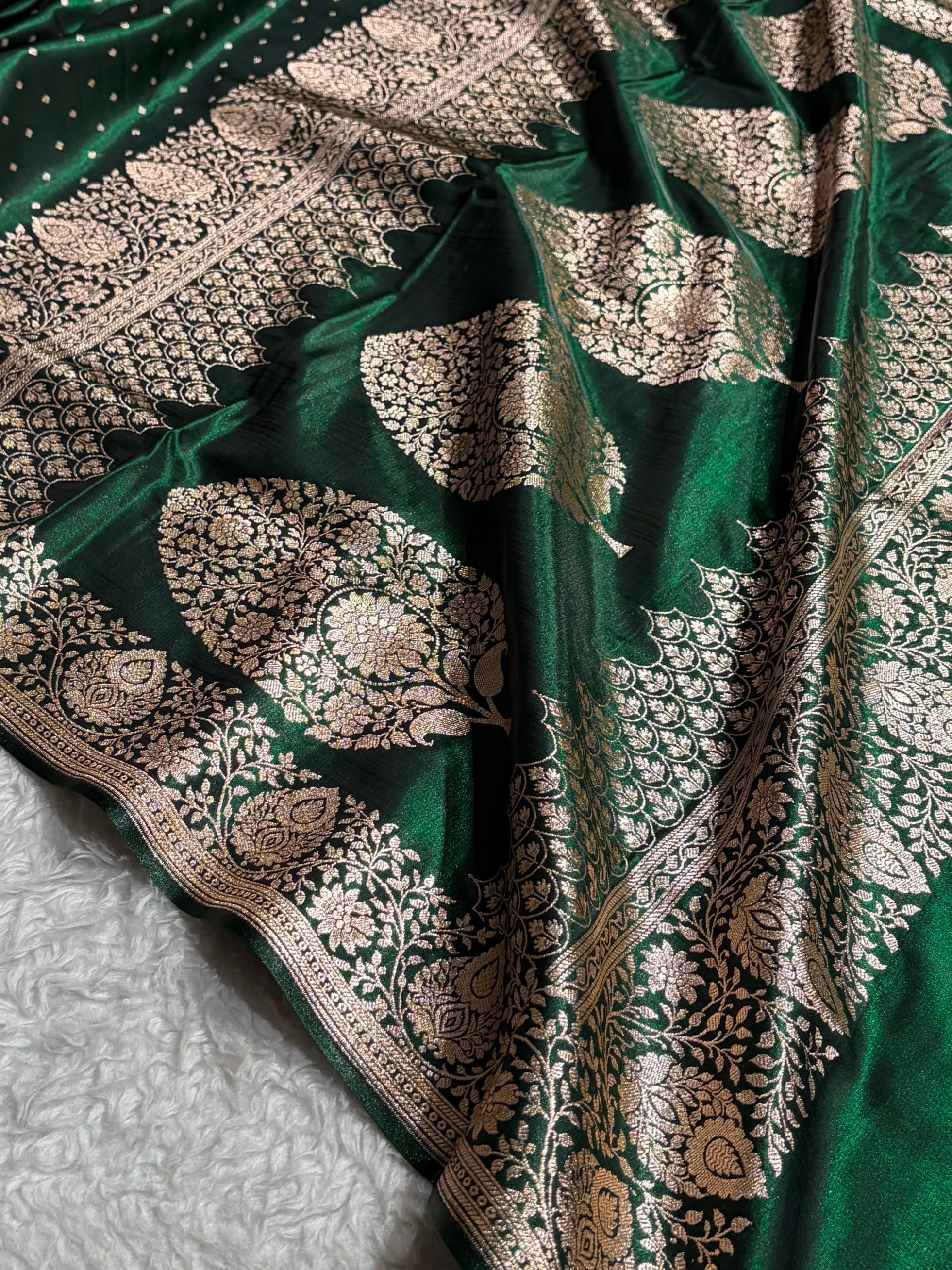 Satin Silk Saree Floral Boota in Bottle Green Shades SS28