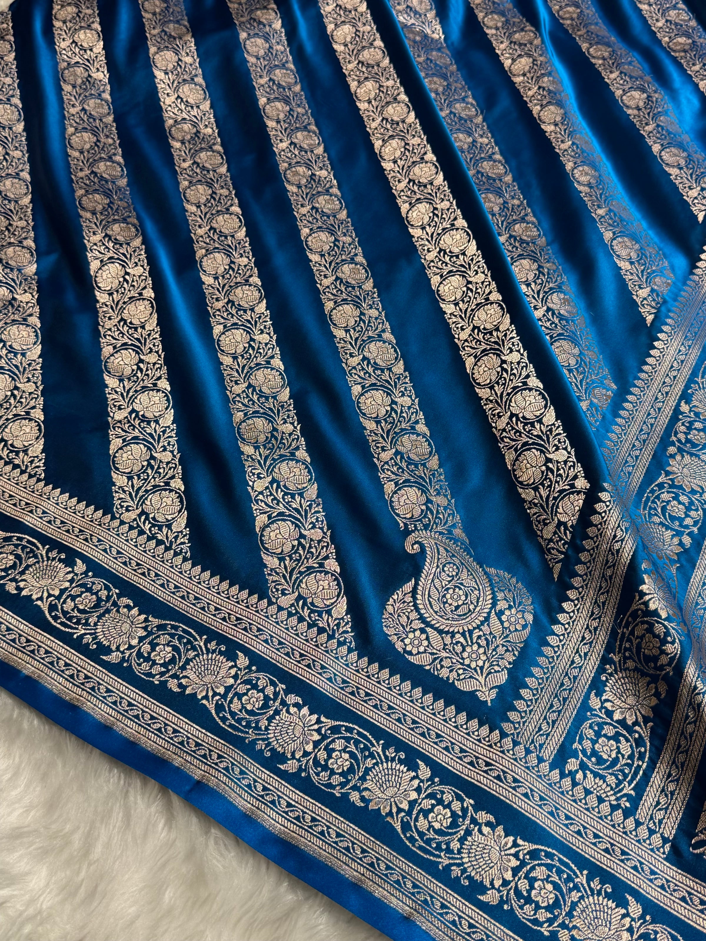 Dark Firozi Shades Banarasi Cross Pattern Floral Mashru Silk Saree MSM-102