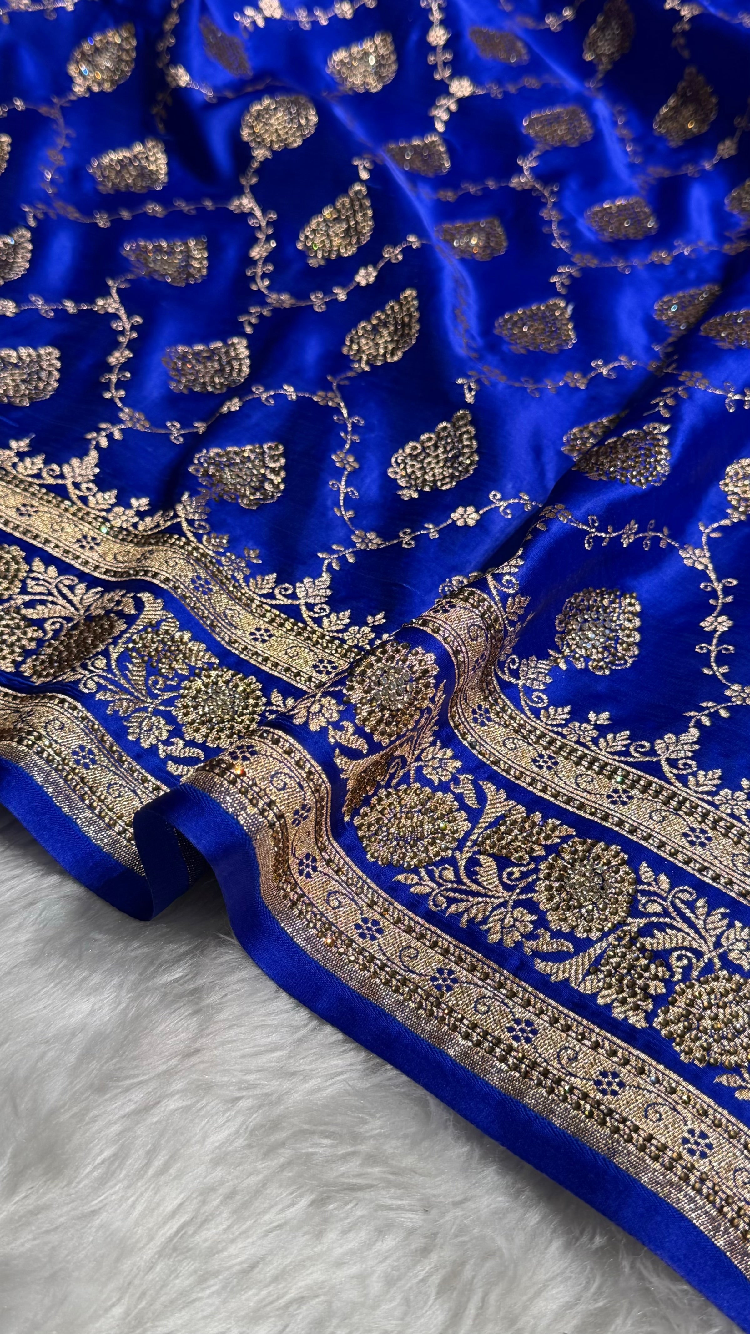 Royal Blue Floral Jaal Pattern Satin Katan Silk saree BSK42