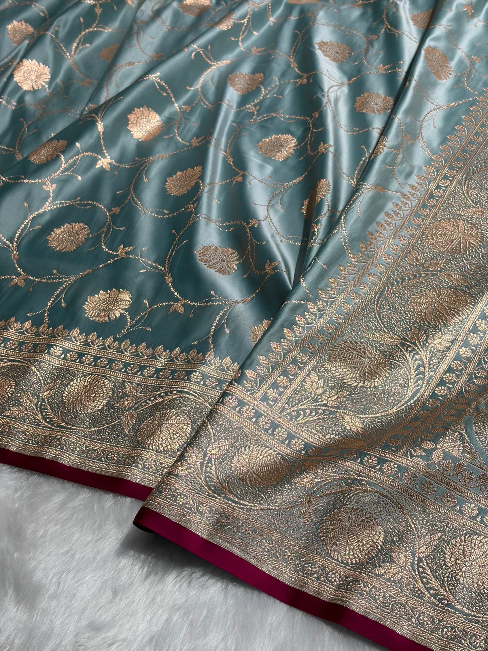 Turquoise Banarasi Jaal Satin Katan Silk Saree SK06