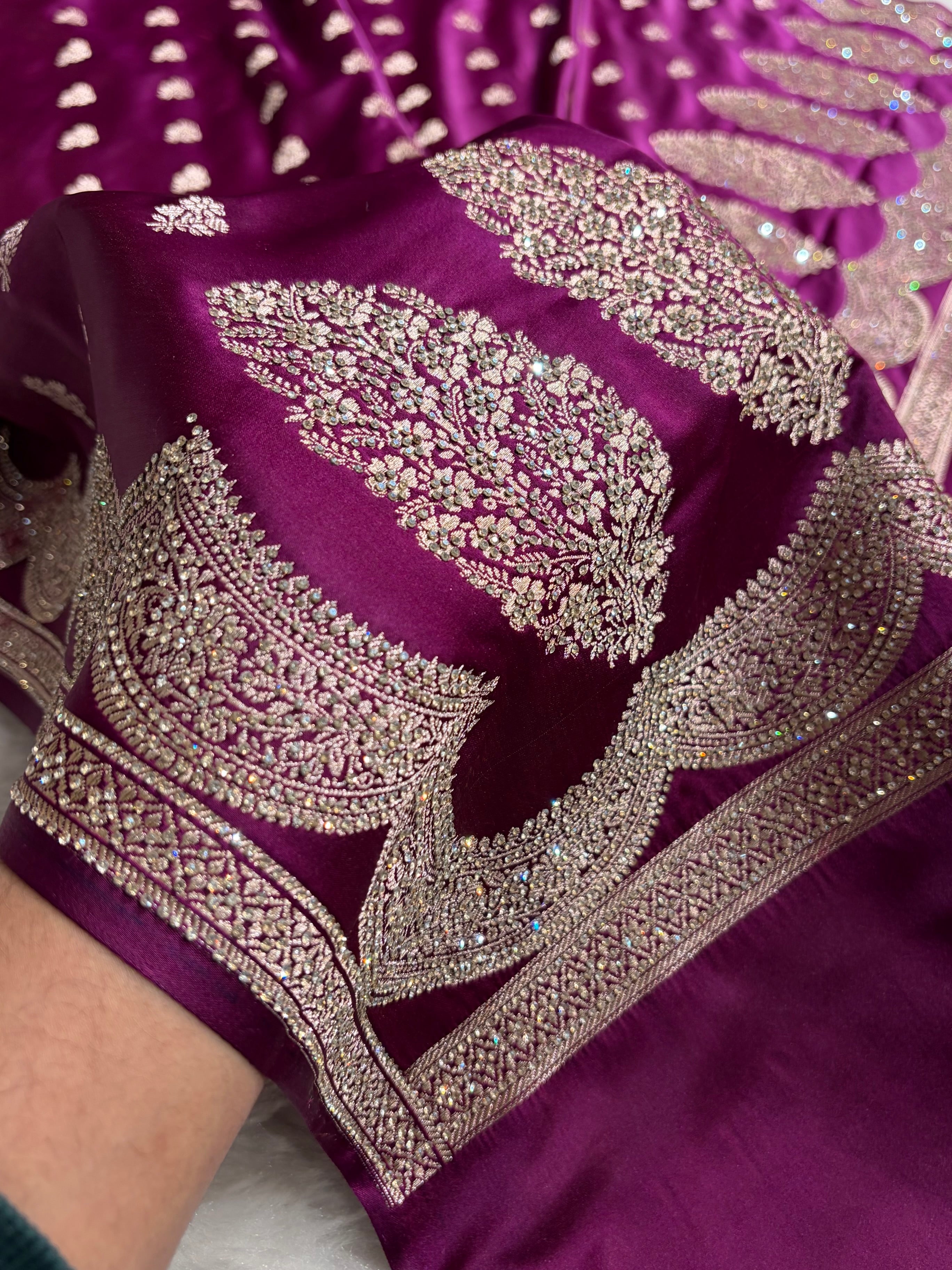 Banarasi Wine Scallop Mashru Silk with White Stone Swarovski work BMS02