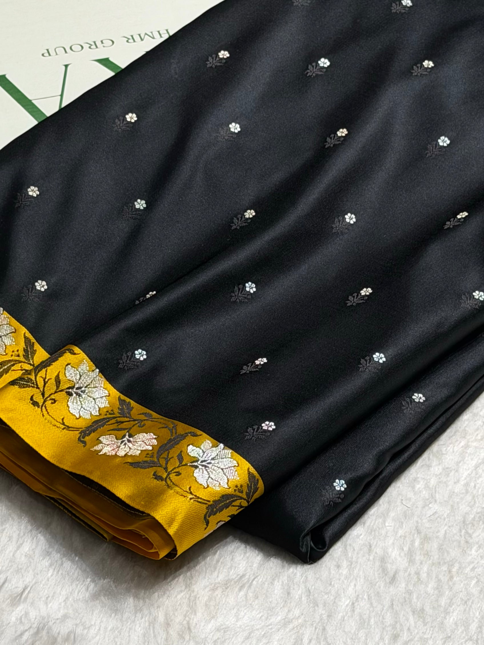 Contrast Black With Mustard Floral Boota With Floral Border Mashru Silk Saree MSM-78