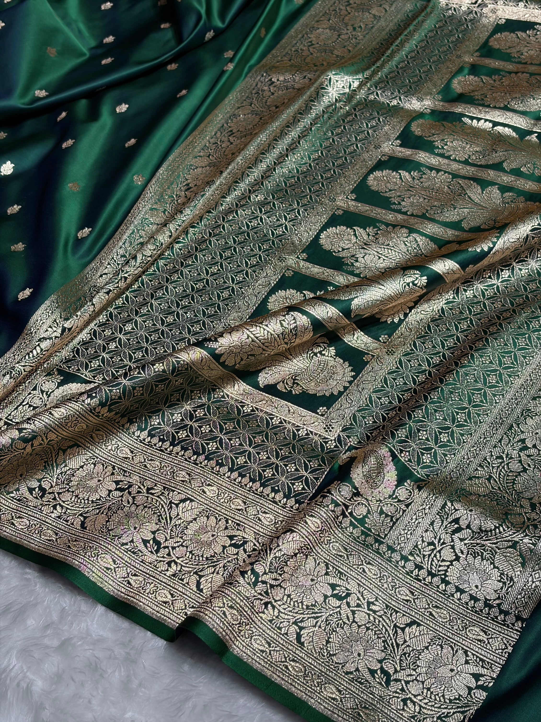 Cross Green Floral Cross Pattern Satin Katan Silk Saree SK75