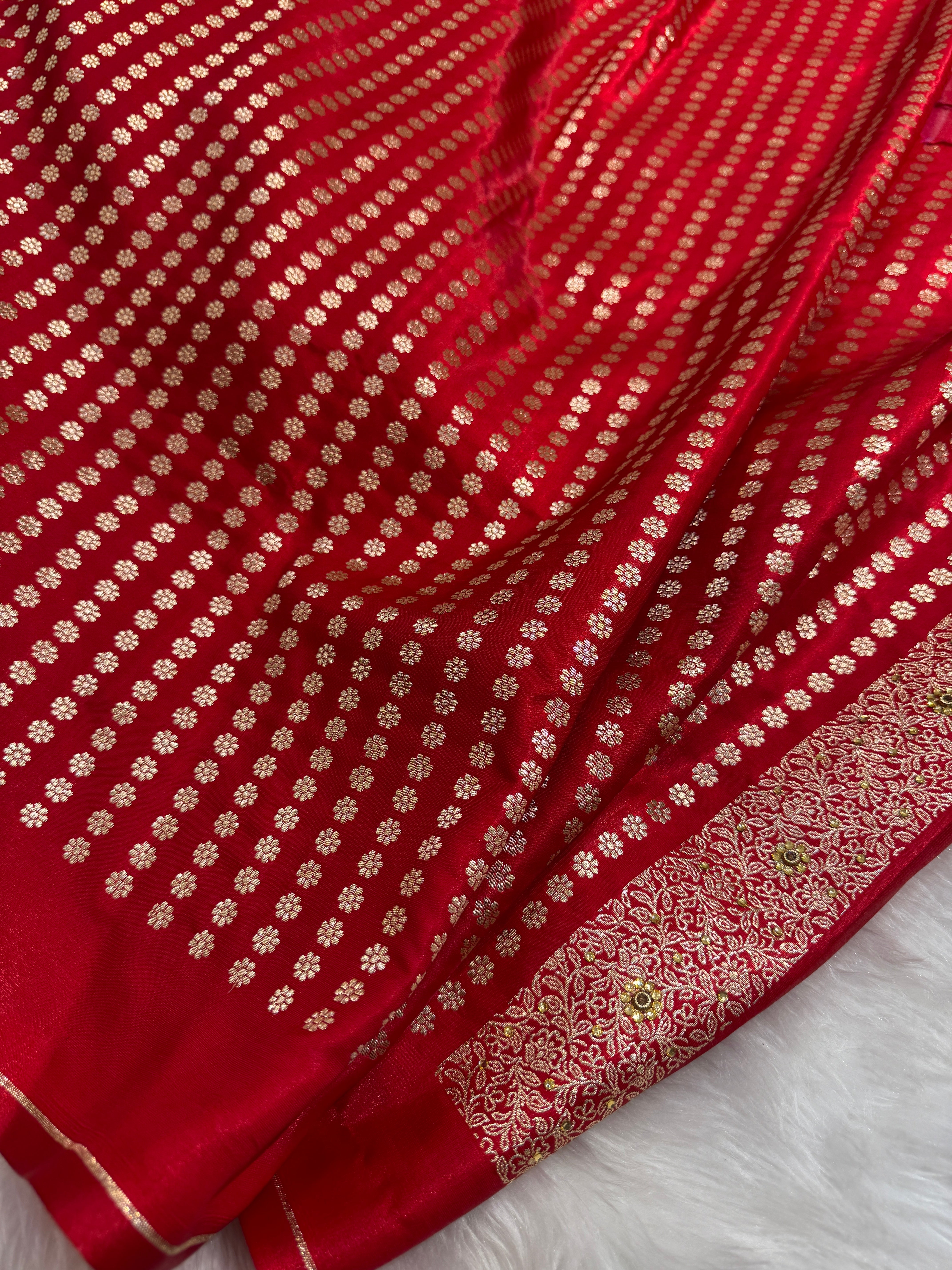 Bridal Red Jaal with Ari and Stone with brocade Blouse