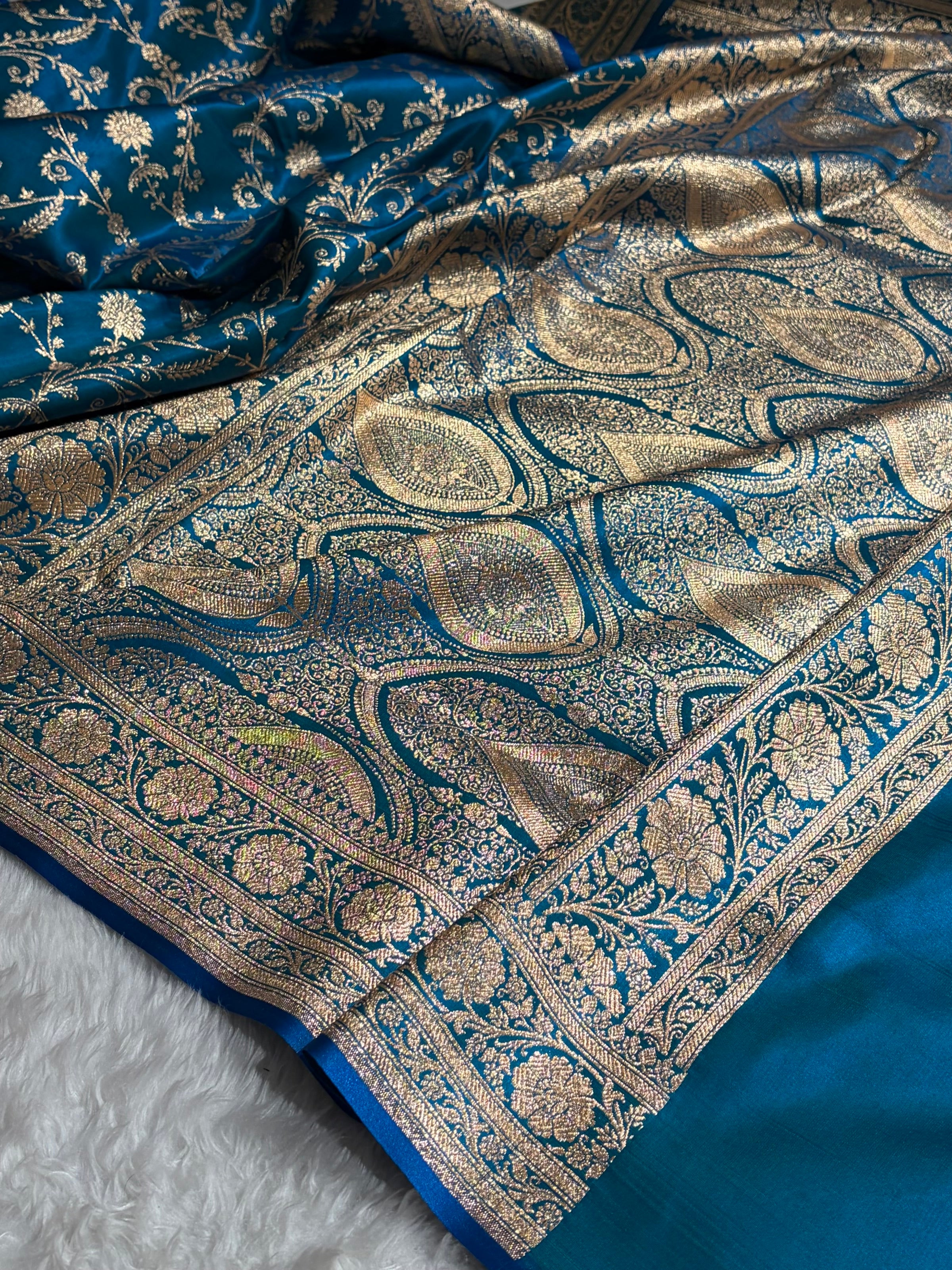Satin Silk Unique Jaal Pattern In Peacock Shades