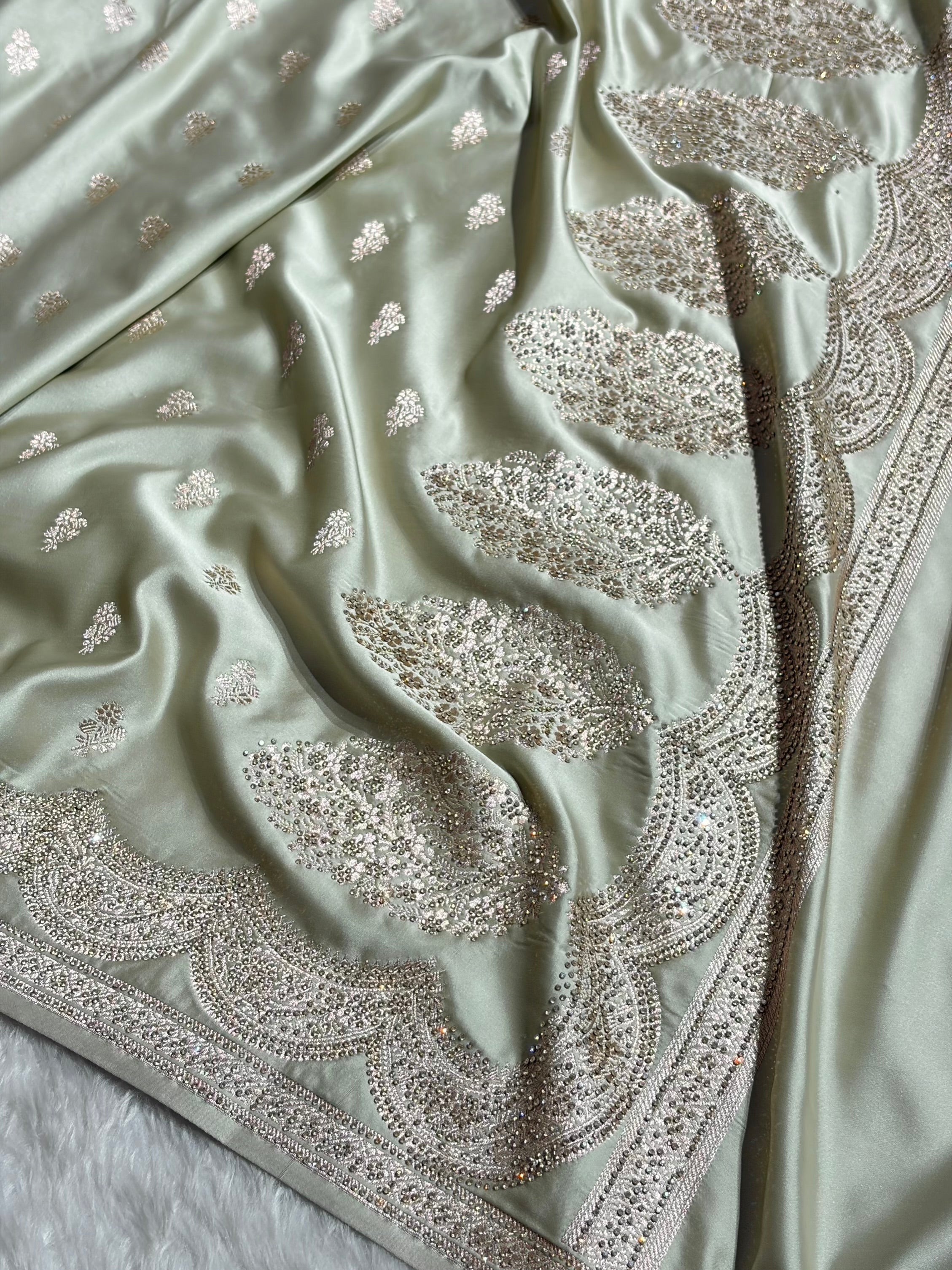 Banarasi Light Pista Scallop Mashru Silk with White Stone Swarovski work BMCS02