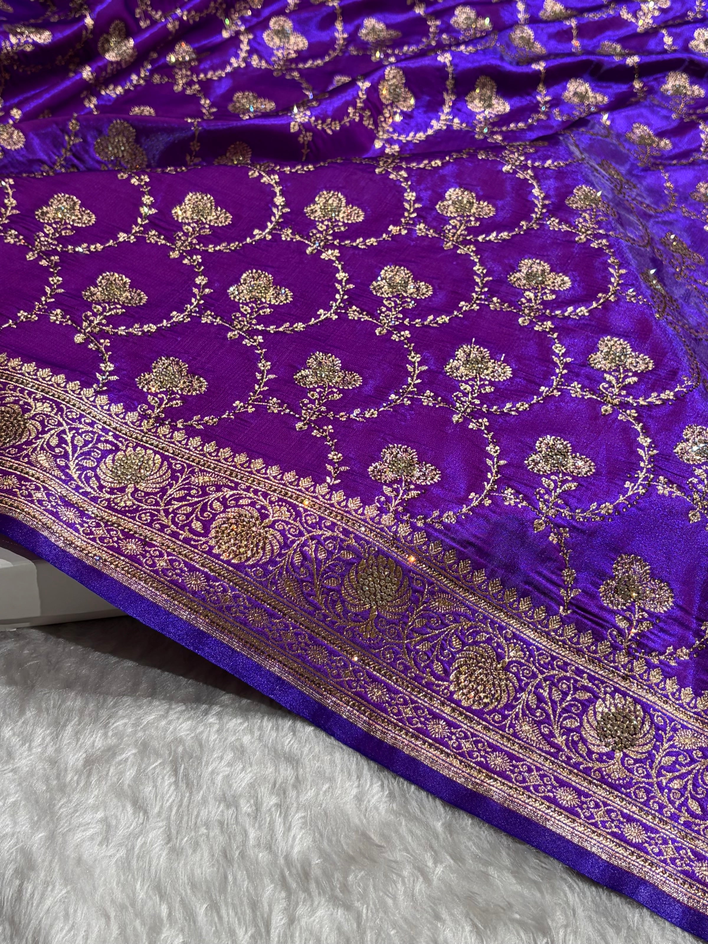 Satin Silk Saree Banarasi Swarovski Work Jaal in Purple Shades BSS23 (R)
