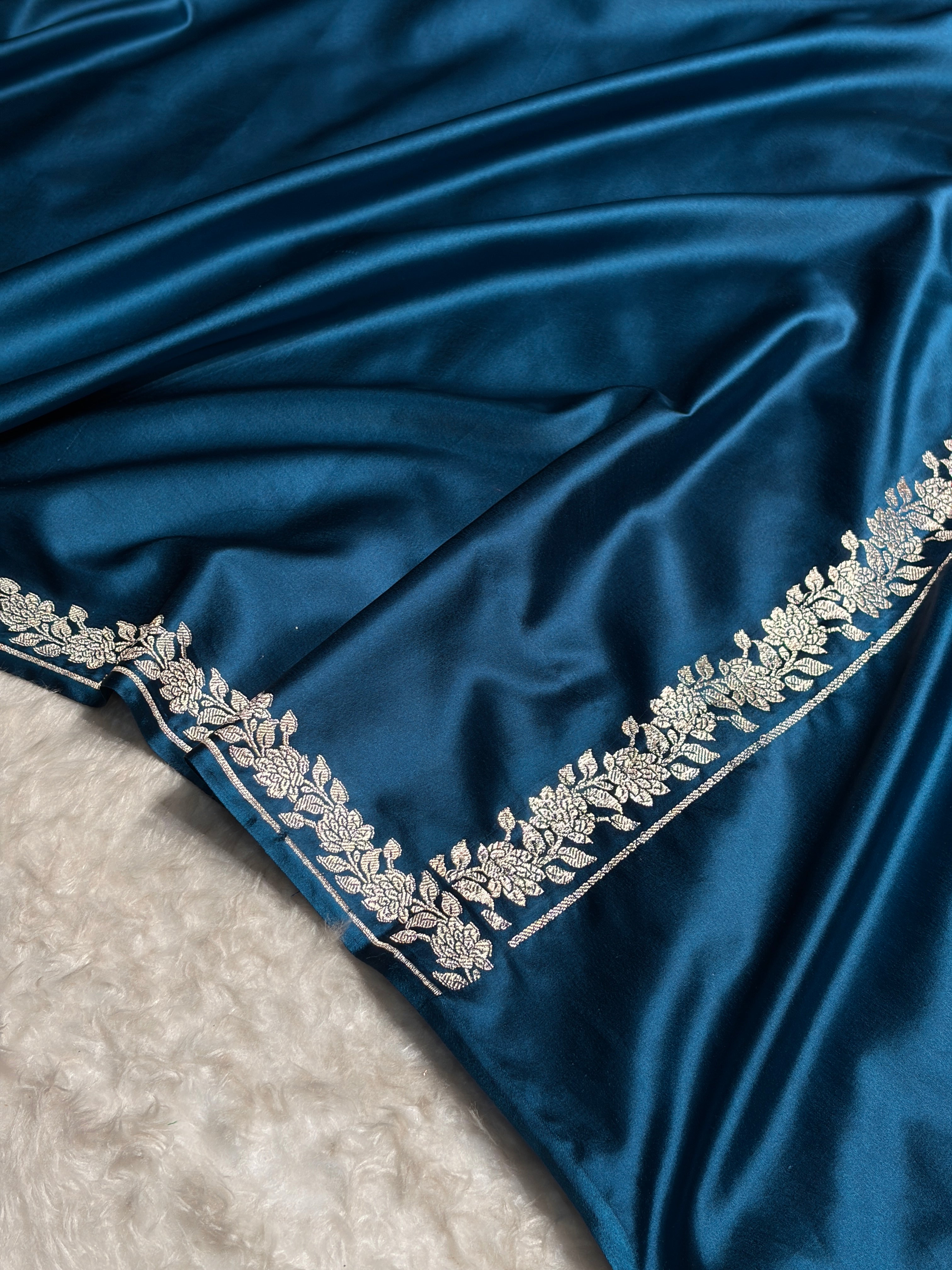 German Blue With Floral Border Mashru Silk Saree MS80