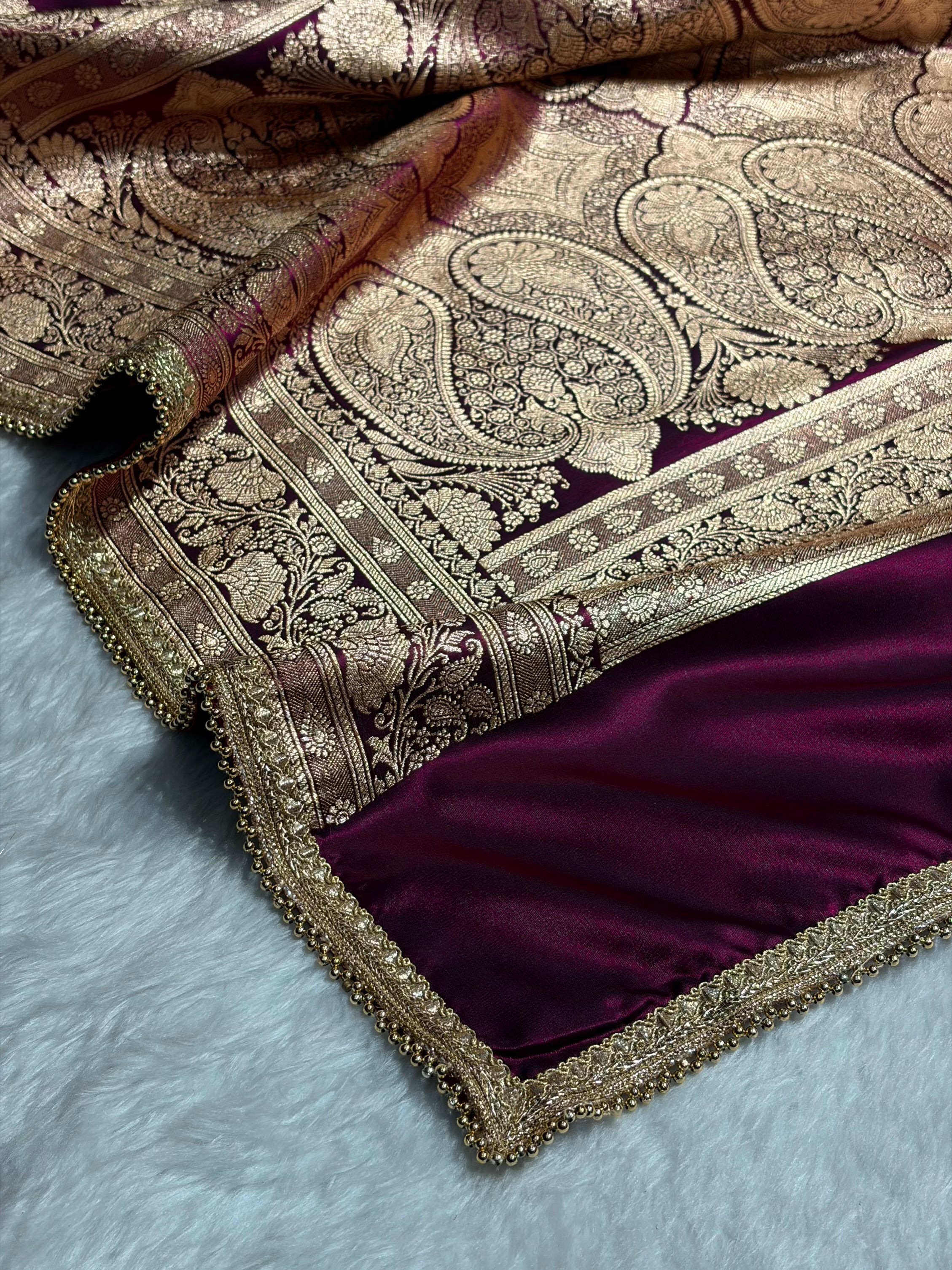 Banarasi Satin Silk Saree With Gotta Patti Floral Boota in Wine Shades SSGP26