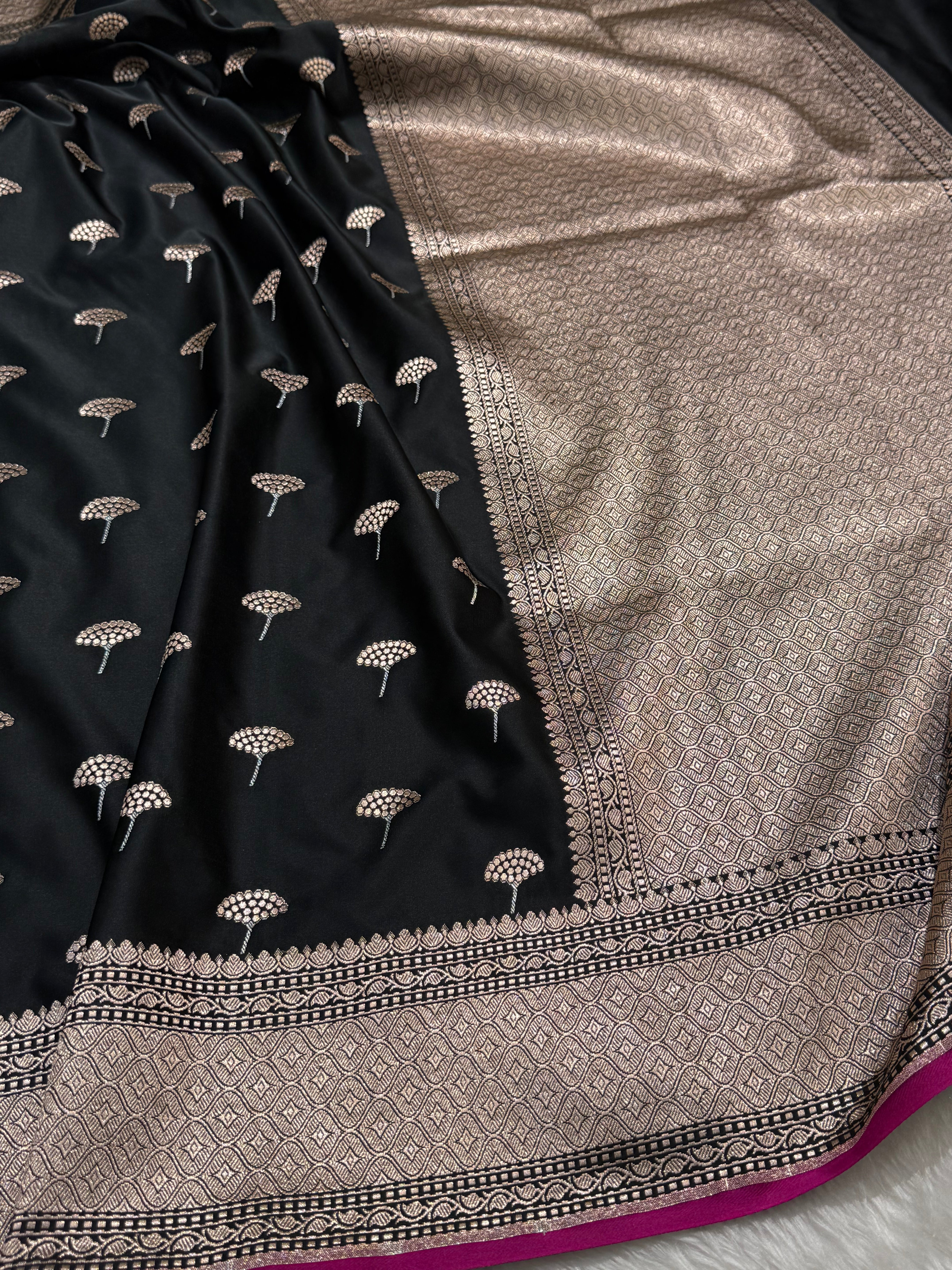 Black Sona Rupa floral Motif Mashru Silk Saree