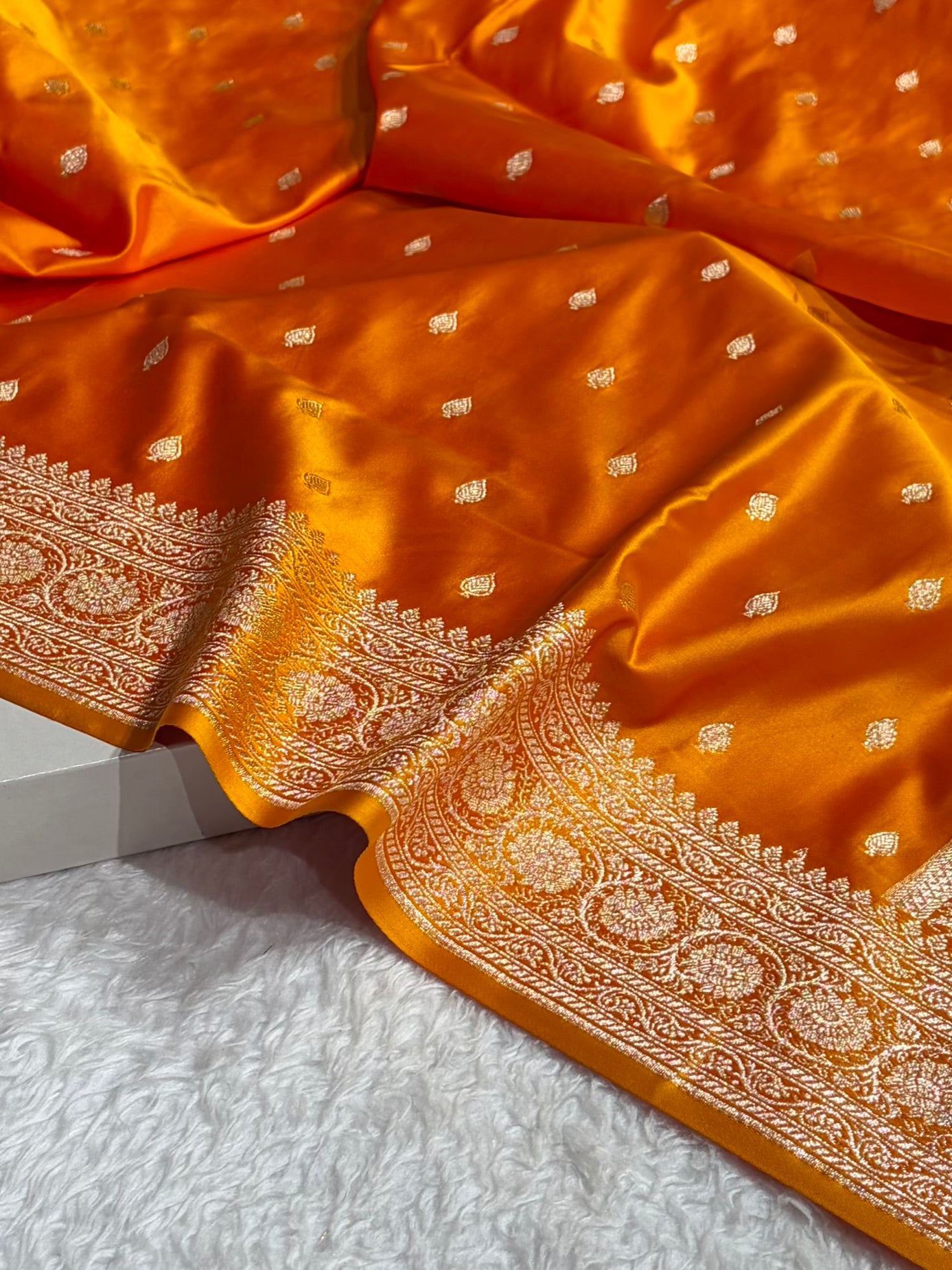 Banarasi Orange Boota With Floral Border Mashru Silk Saree