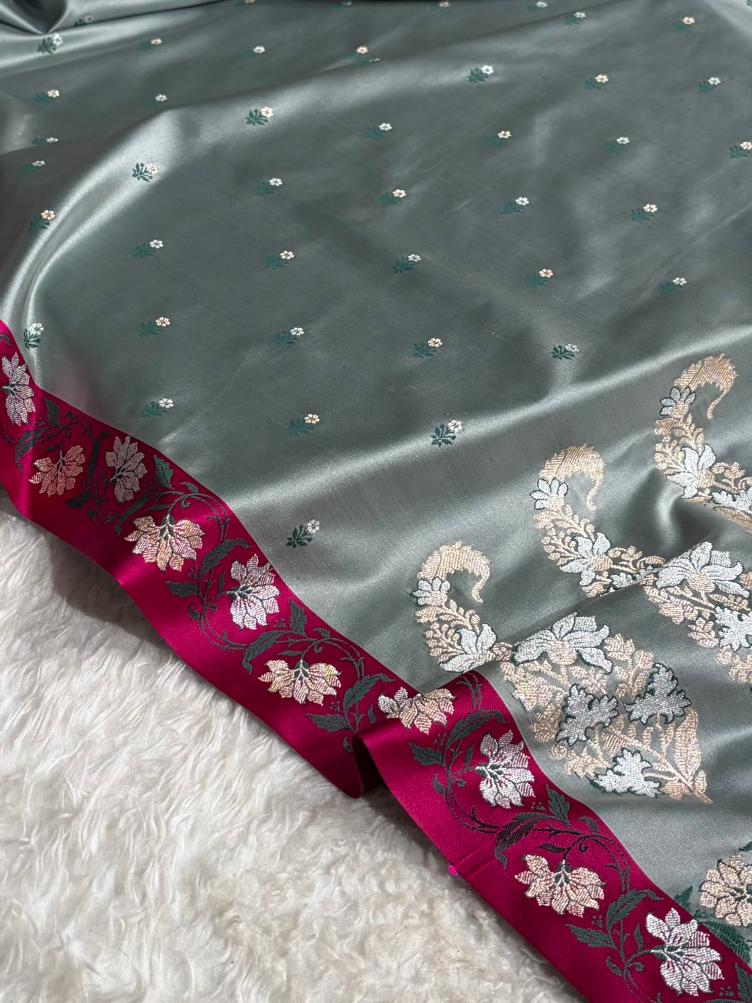 Contrast Grey With Rani Floral Boota With Floral Border Mashru Silk Saree MSM-78